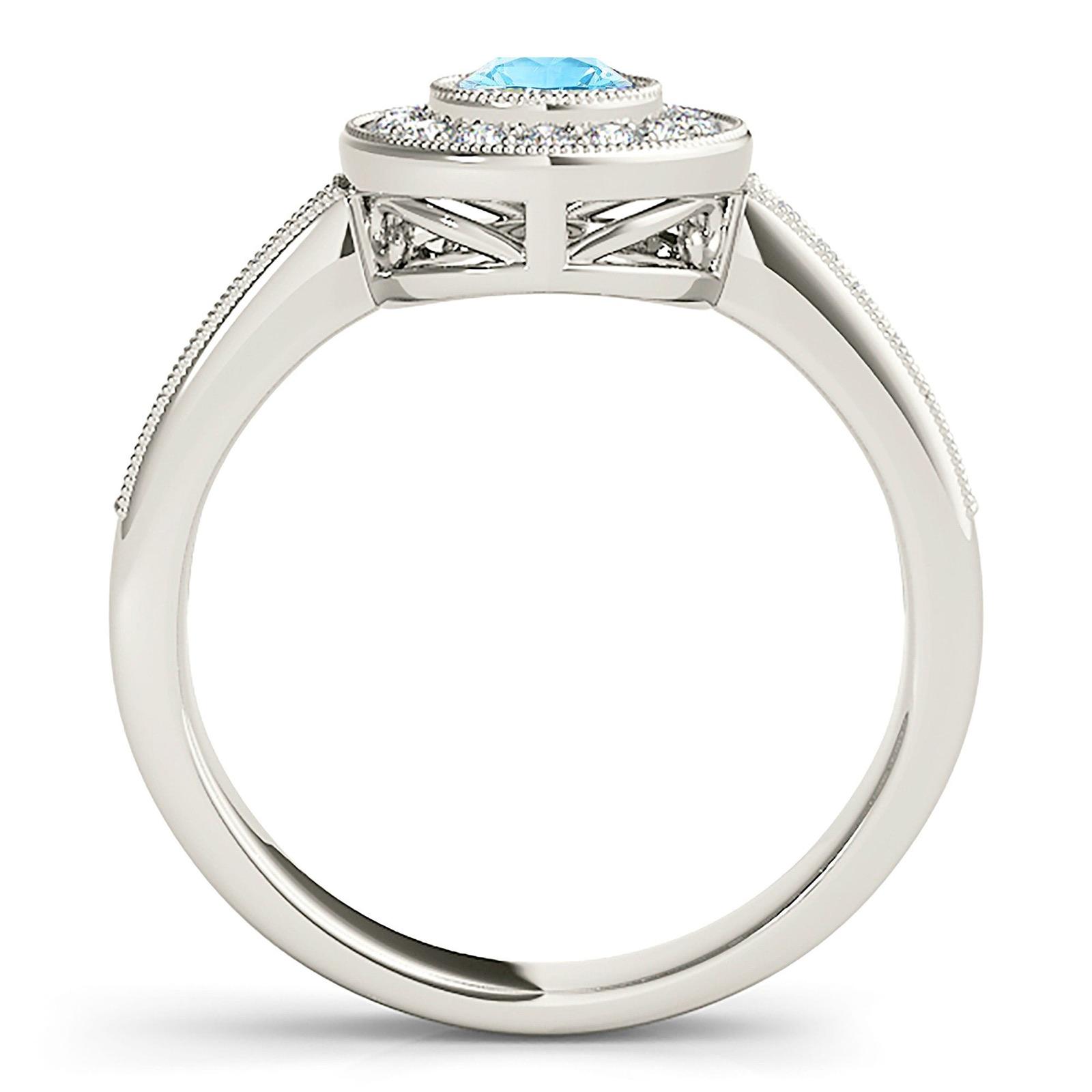 1.00 ct. Genuine Aquamarine Ring With 0.25 ctw. Diamond Milgrain Bezel Halo And Delicate Diamond Band | Round Blue Aquamarine Halo Ring-VIRABYANI