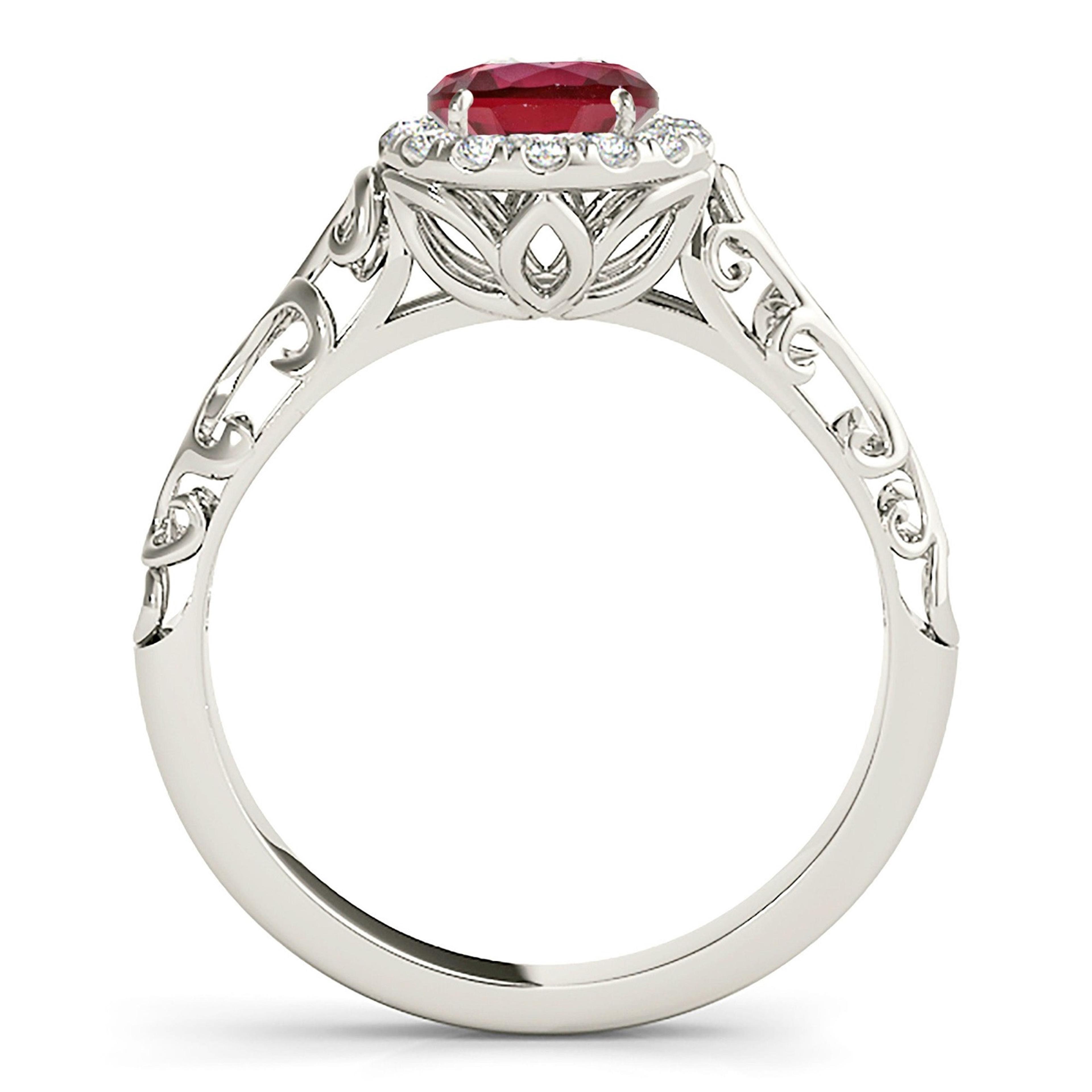 1.15 ct. Genuine Ruby Ring With Halo , Hand Caved Filigree Fancy Band