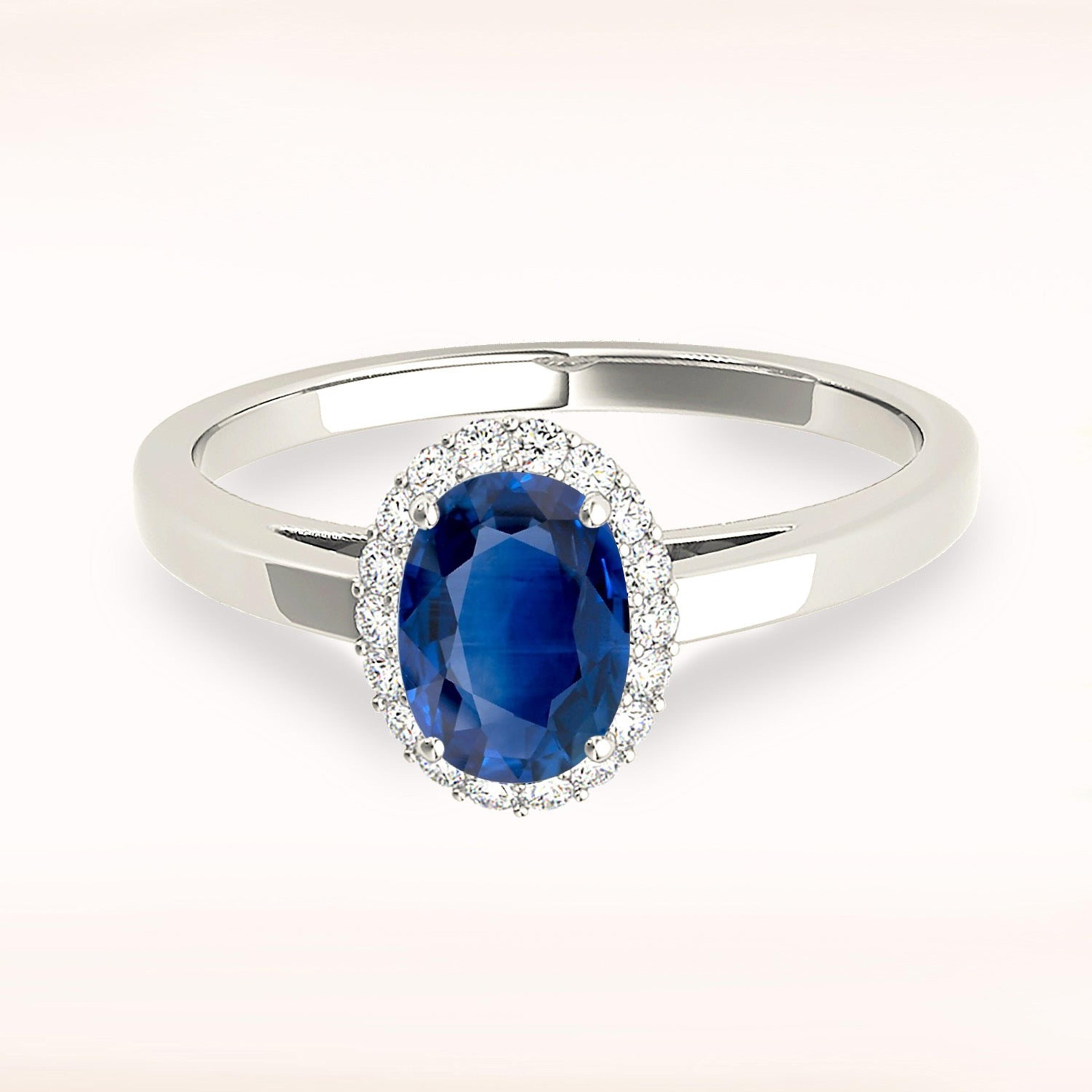 1.51 ct. Genuine Blue Oval Sapphire Ring With 0.20 ctw. Diamond Halo, Solid Gold Band | Natural Sapphire And Diamond Gemstone Ring-VIRABYANI