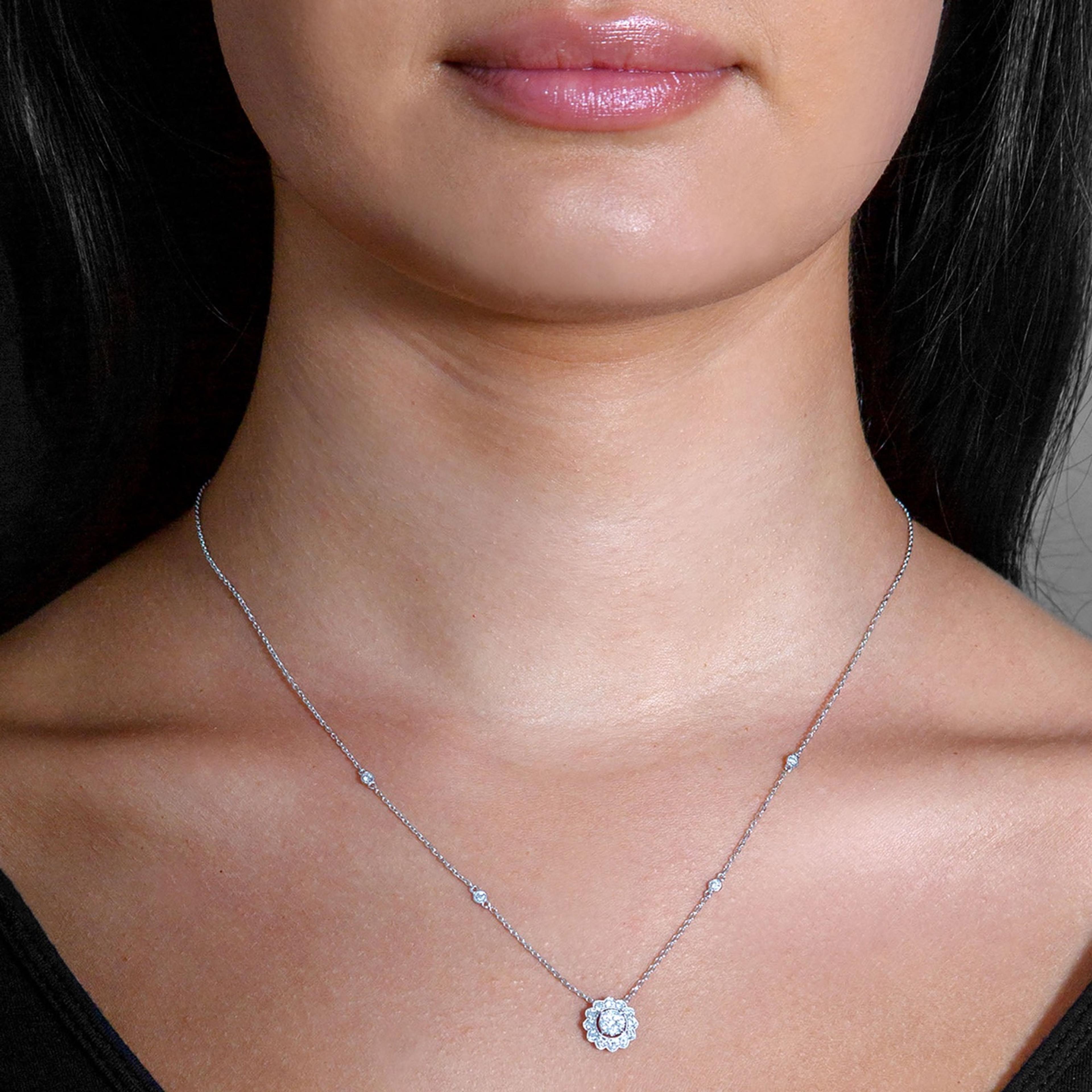 Milgrain 0.33 ctw Diamond Halo Cluster Necklace Pendant-VIRABYANI