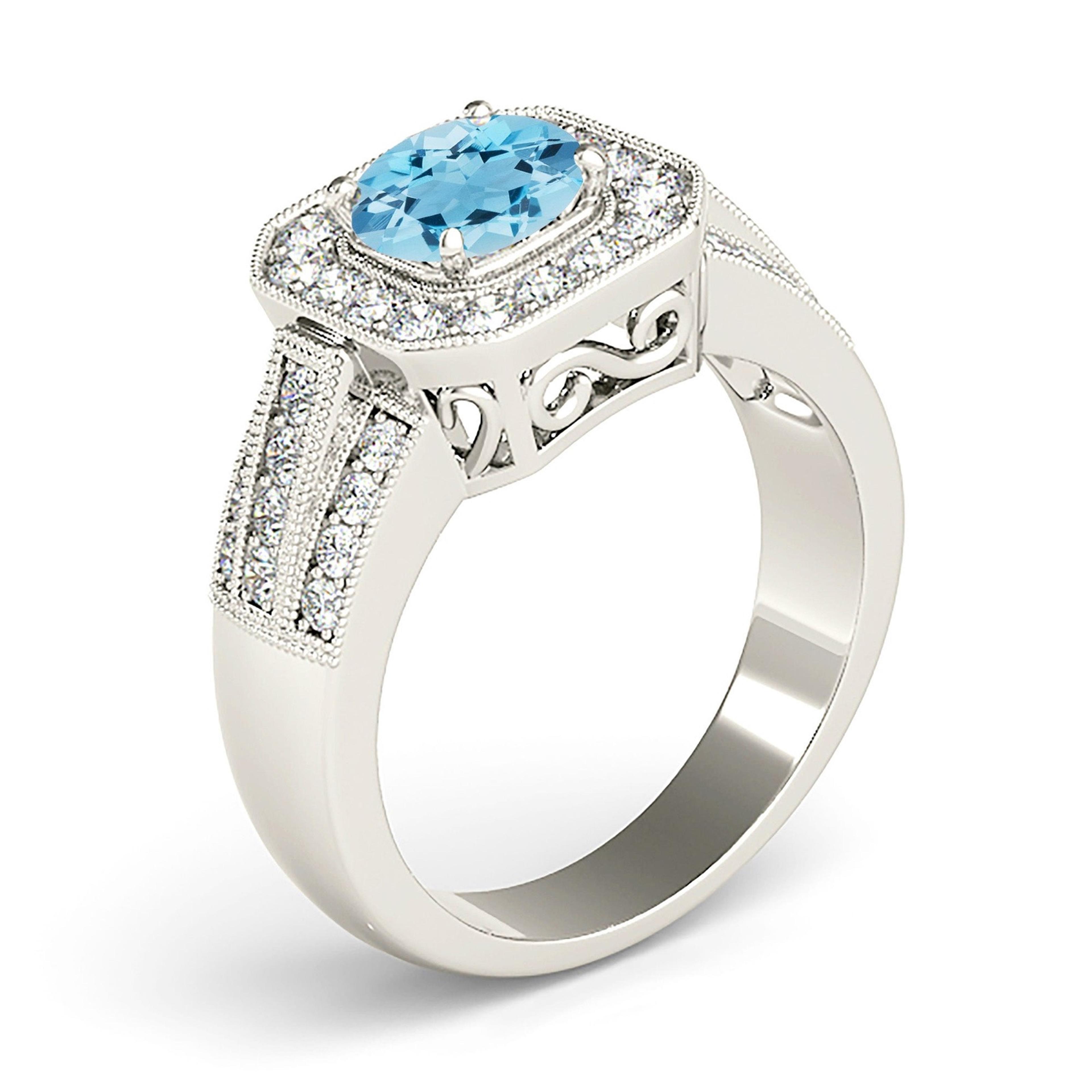 1.10 ct. Genuine Aquamarine Ring With 0.60 ctw. Diamond Halo And Triple row Diamond Solid Gold band | Round Blue Aquamarine Halo Ring-VIRABYANI