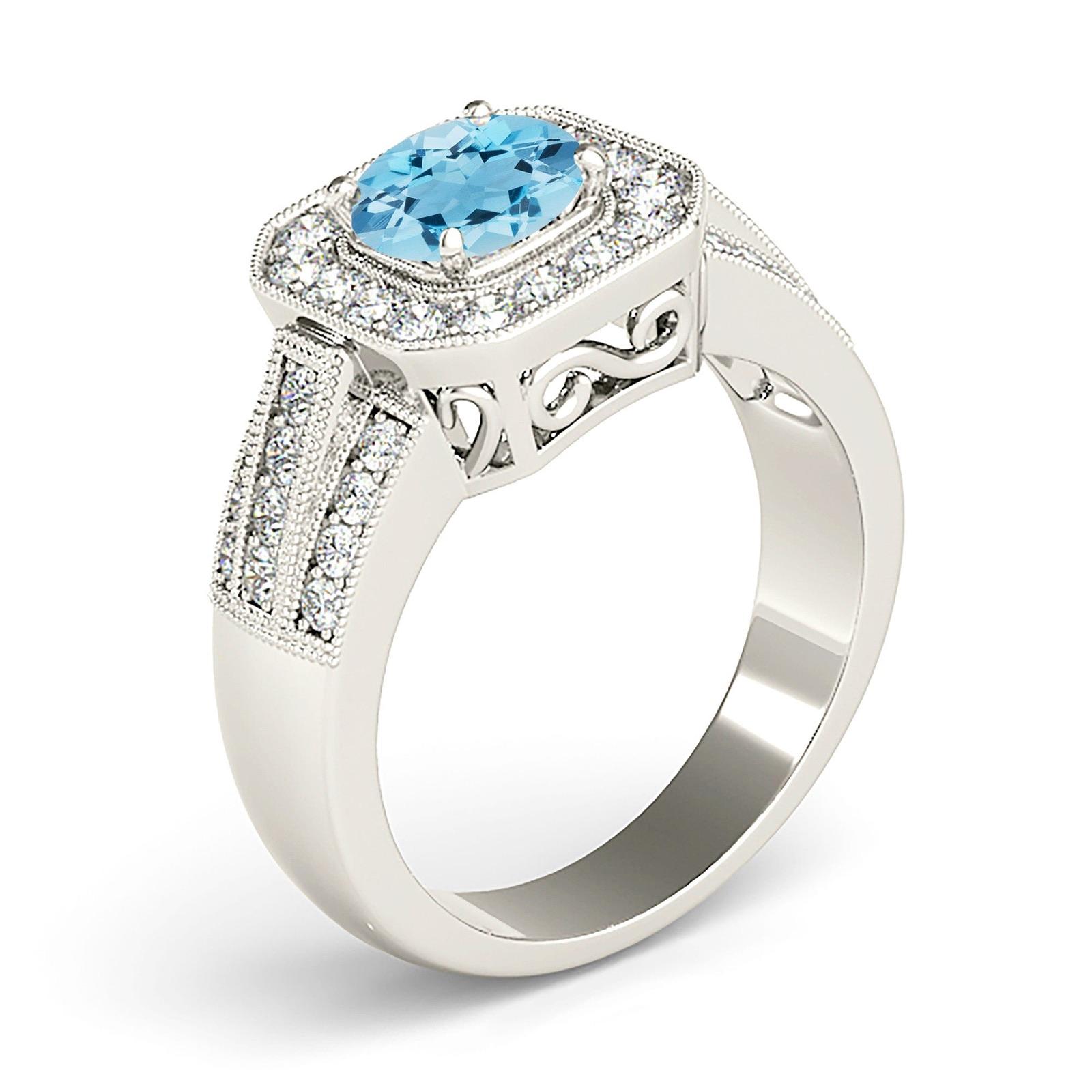 1.10 ct. Genuine Aquamarine Ring With 0.60 ctw. Diamond Halo And Triple row Diamond Solid Gold band | Round Blue Aquamarine Halo Ring-VIRABYANI