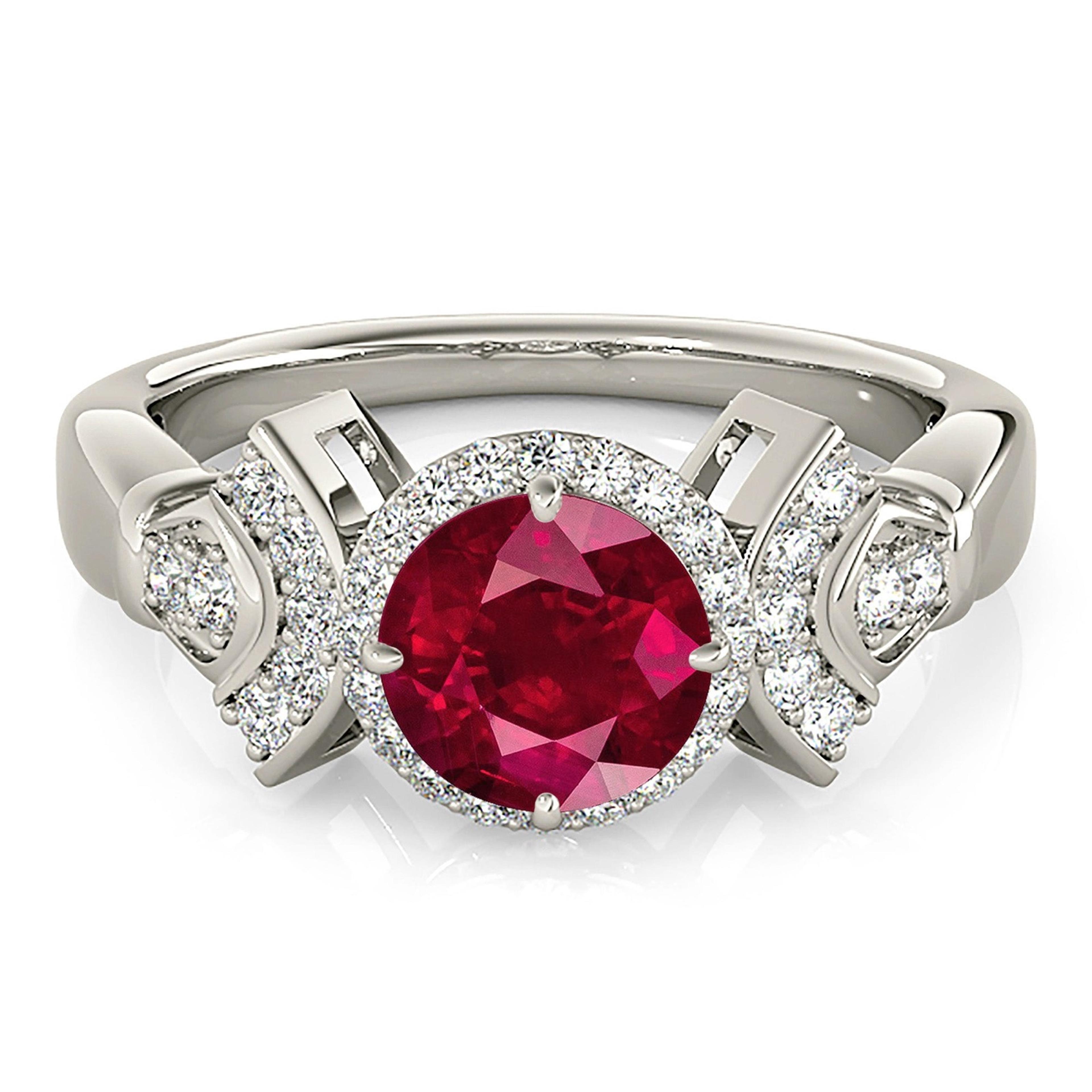 1.45 ct. Genuine Ruby Ring With 0.25 ctw. Diamond Halo And Fancy Design Diamond Band-VIRABYANI