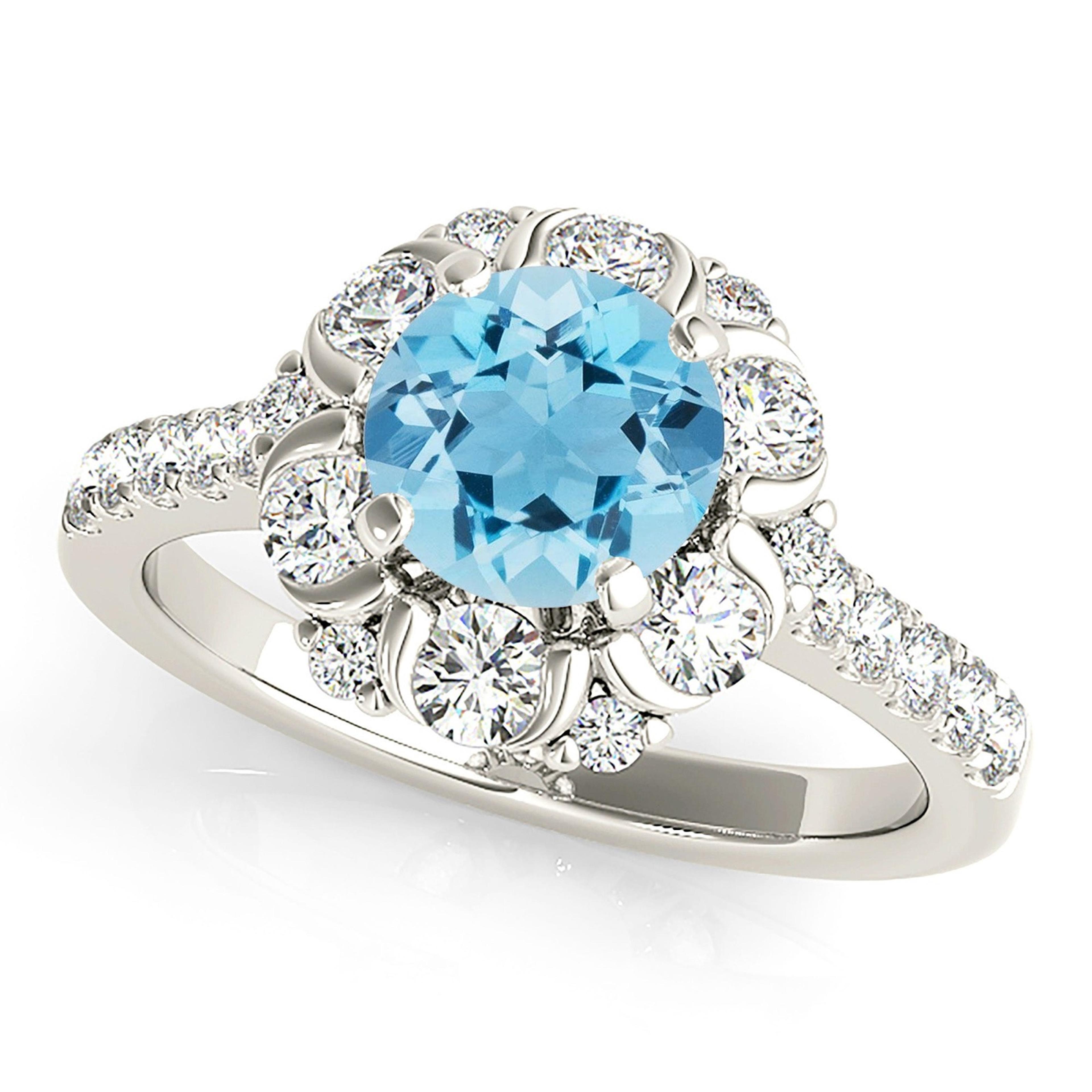 1.10 ct. Genuine Aquamarine Ring With 0.90 ctw. Diamond Floral Halo, Delicate Diamond Band, Fancy Diamond Basket| Blue Aquamarine Halo Ring-VIRABYANI