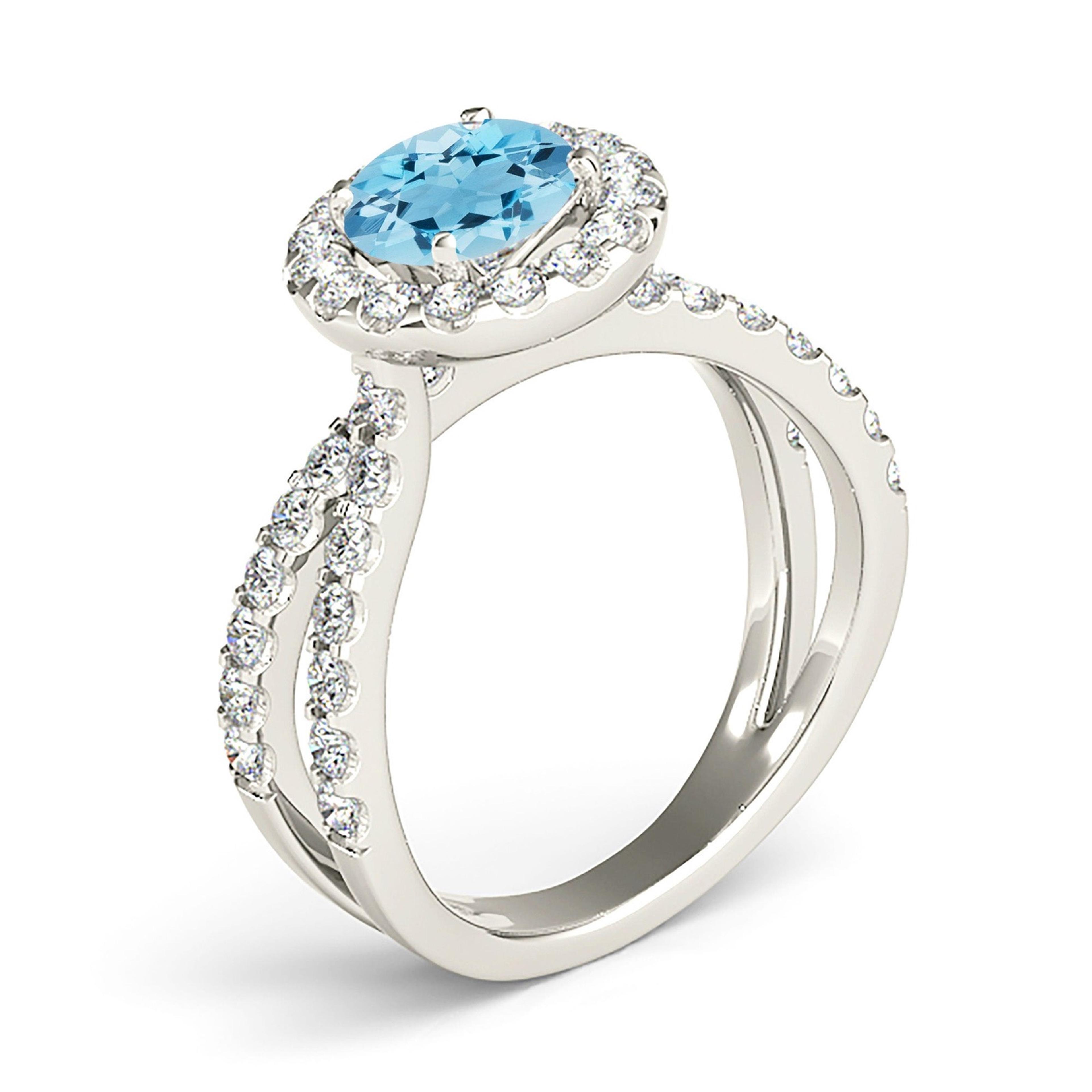 1.75 ct. Genuine Aquamarine Ring With 0.90 ctw. Diamond Halo And Criss-Cross Split Band | Round Blue Aquamarine Halo Ring-VIRABYANI
