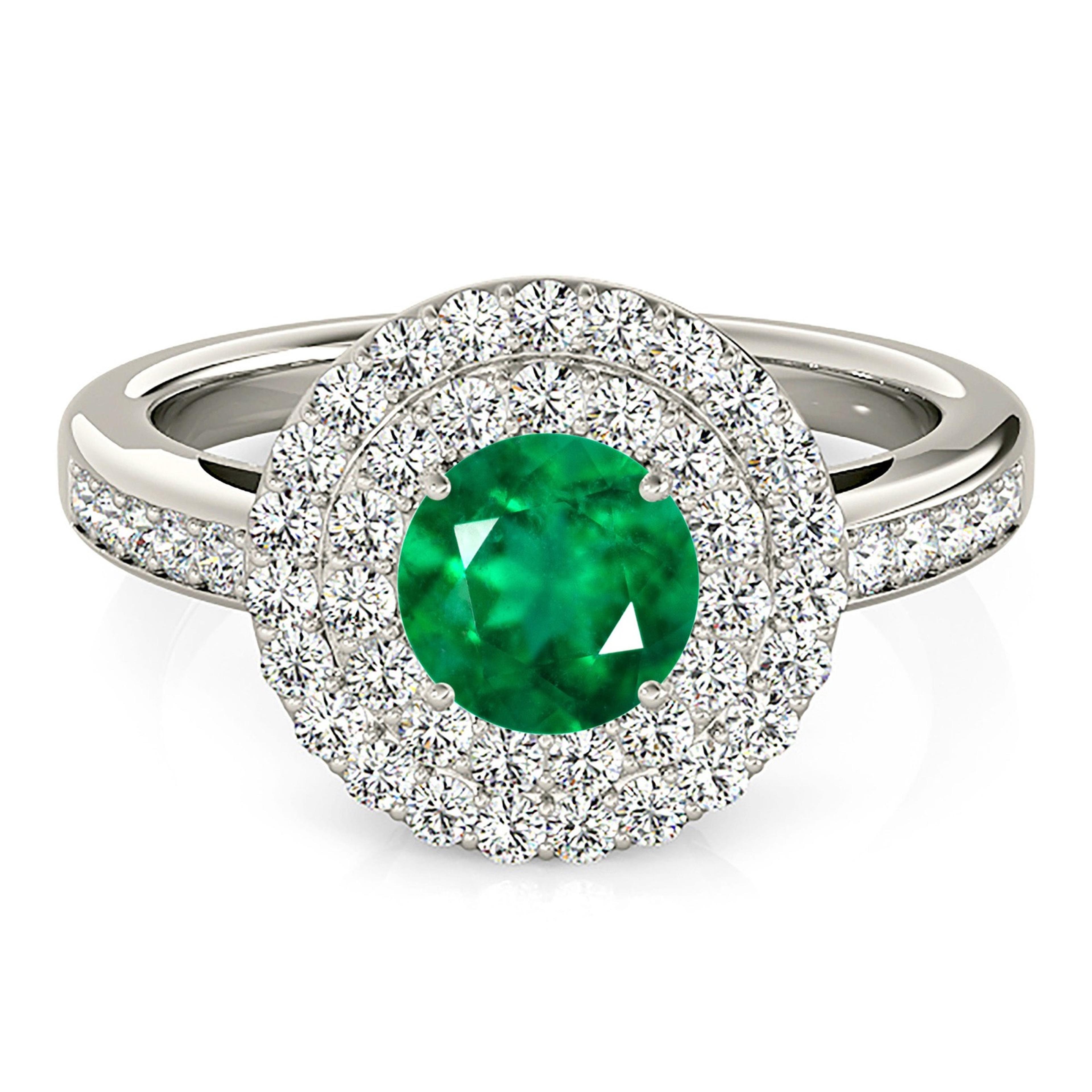 1.14 ct. Genuine Emerald Ring With 0.70 ctw. Diamond Double Halo And Delicate Diamond Band-VIRABYANI