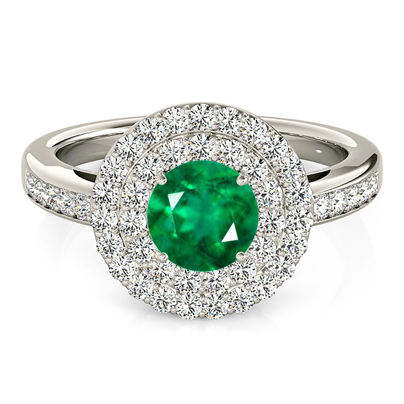 1.14 ct. Genuine Emerald Ring With 0.70 ctw. Diamond Double Halo And Delicate Diamond Band-VIRABYANI