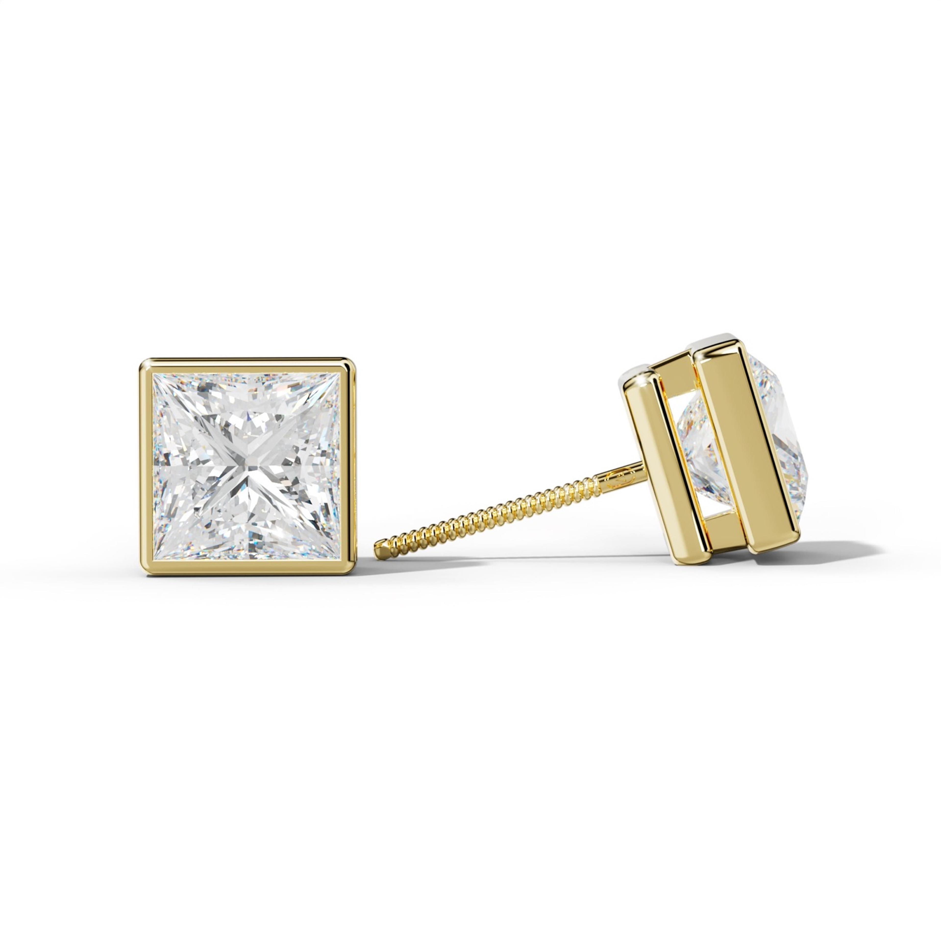 Princess Cut  Diamond Stud Earrings With Bezel Setting
