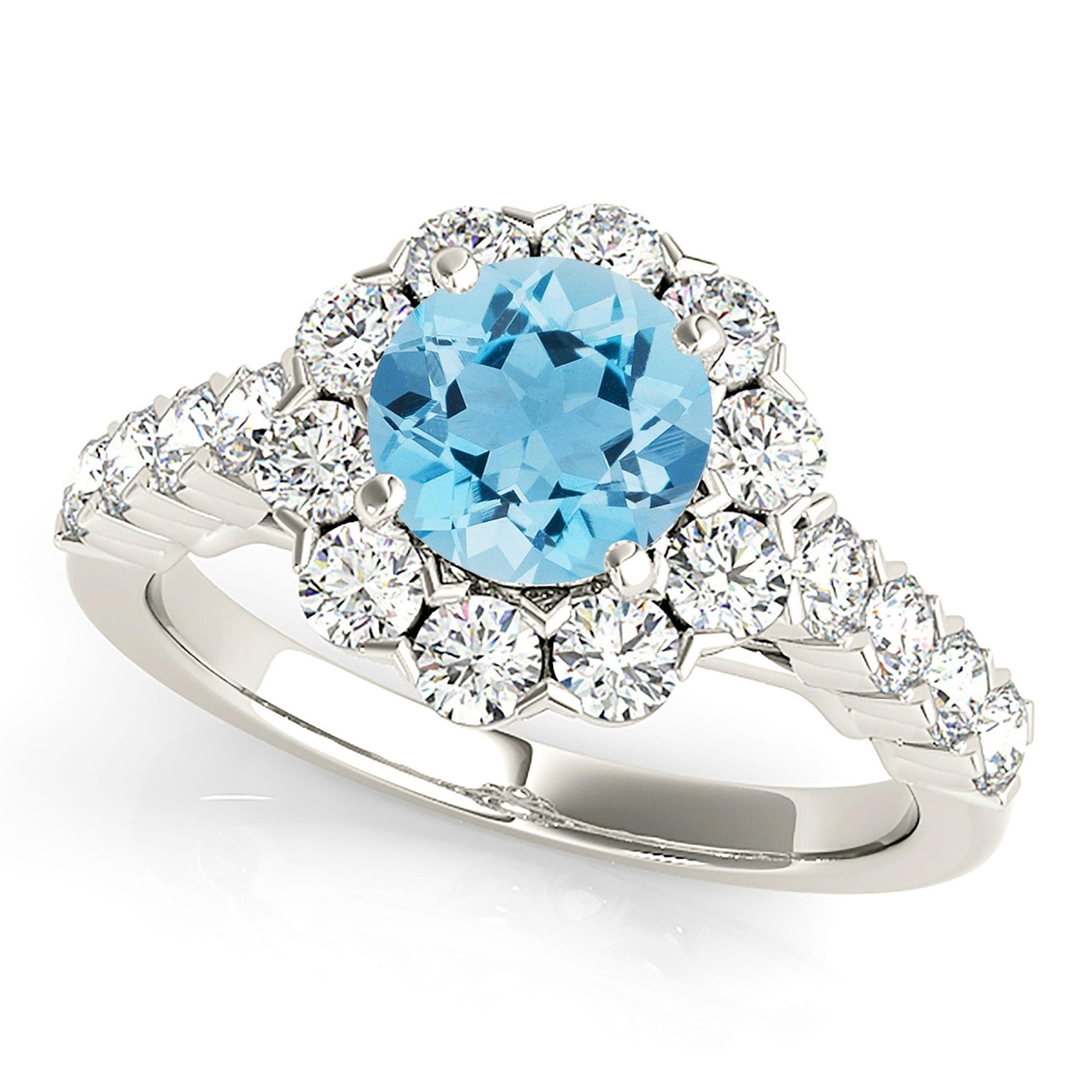 1.10 ct. Genuine Aquamarine Ring With 1.20 ctw. Diamond Halo And Scalloped Diamond Band | Round Blue Aquamarine Halo Ring-VIRABYANI