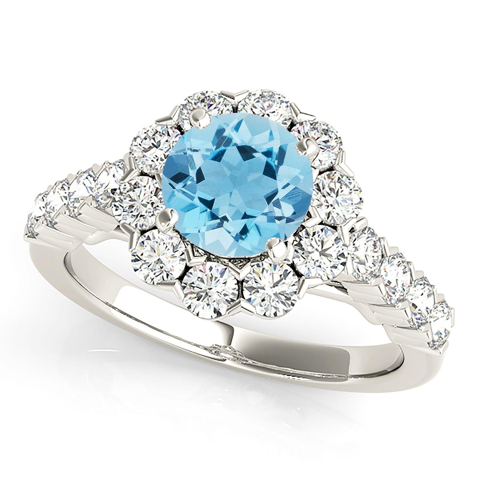1.10 ct. Genuine Aquamarine Ring With 1.20 ctw. Diamond Halo And Scalloped Diamond Band | Round Blue Aquamarine Halo Ring-VIRABYANI