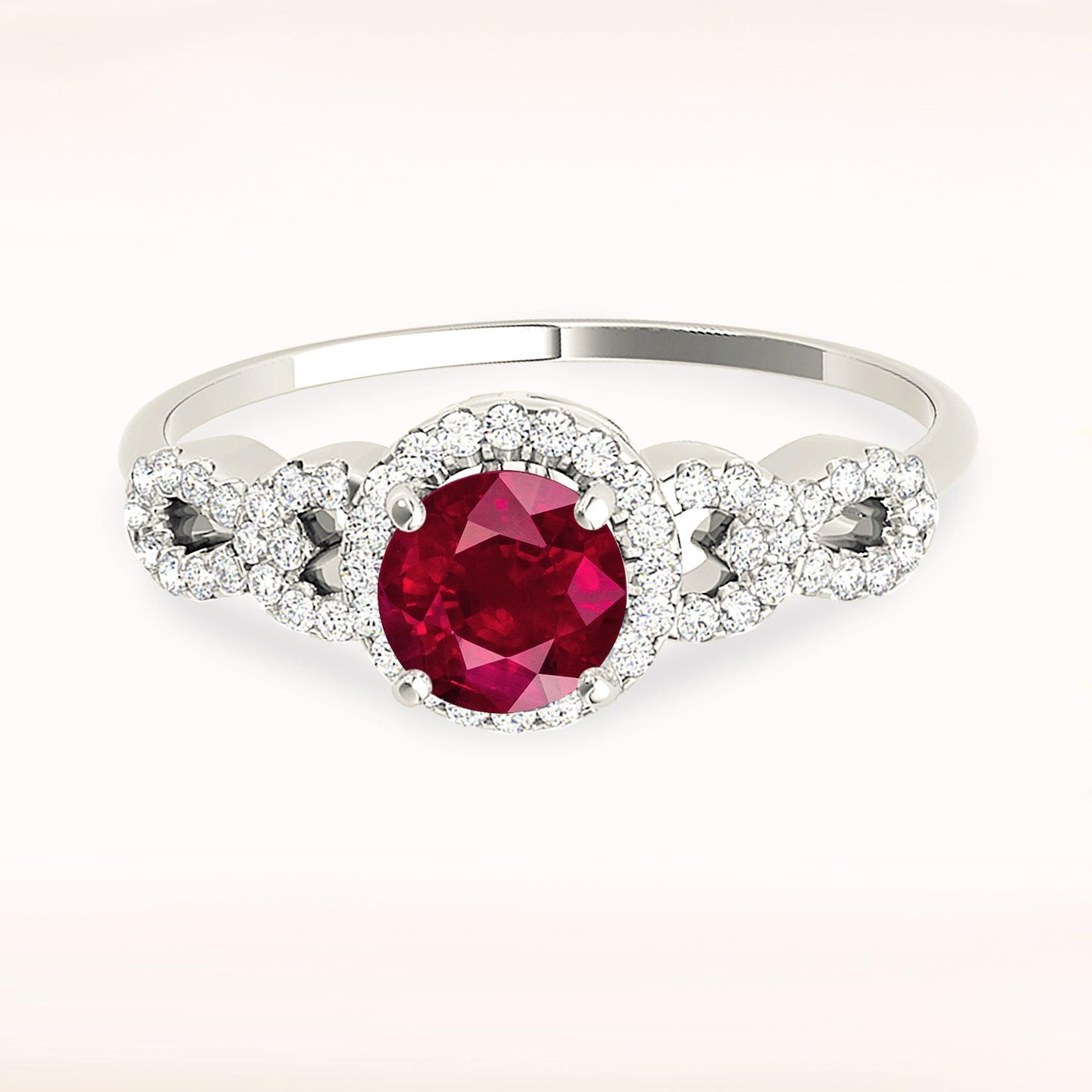1.35 ct. Genuine Ruby Ring With Halo, Open Rounded Fancy Diamond Band