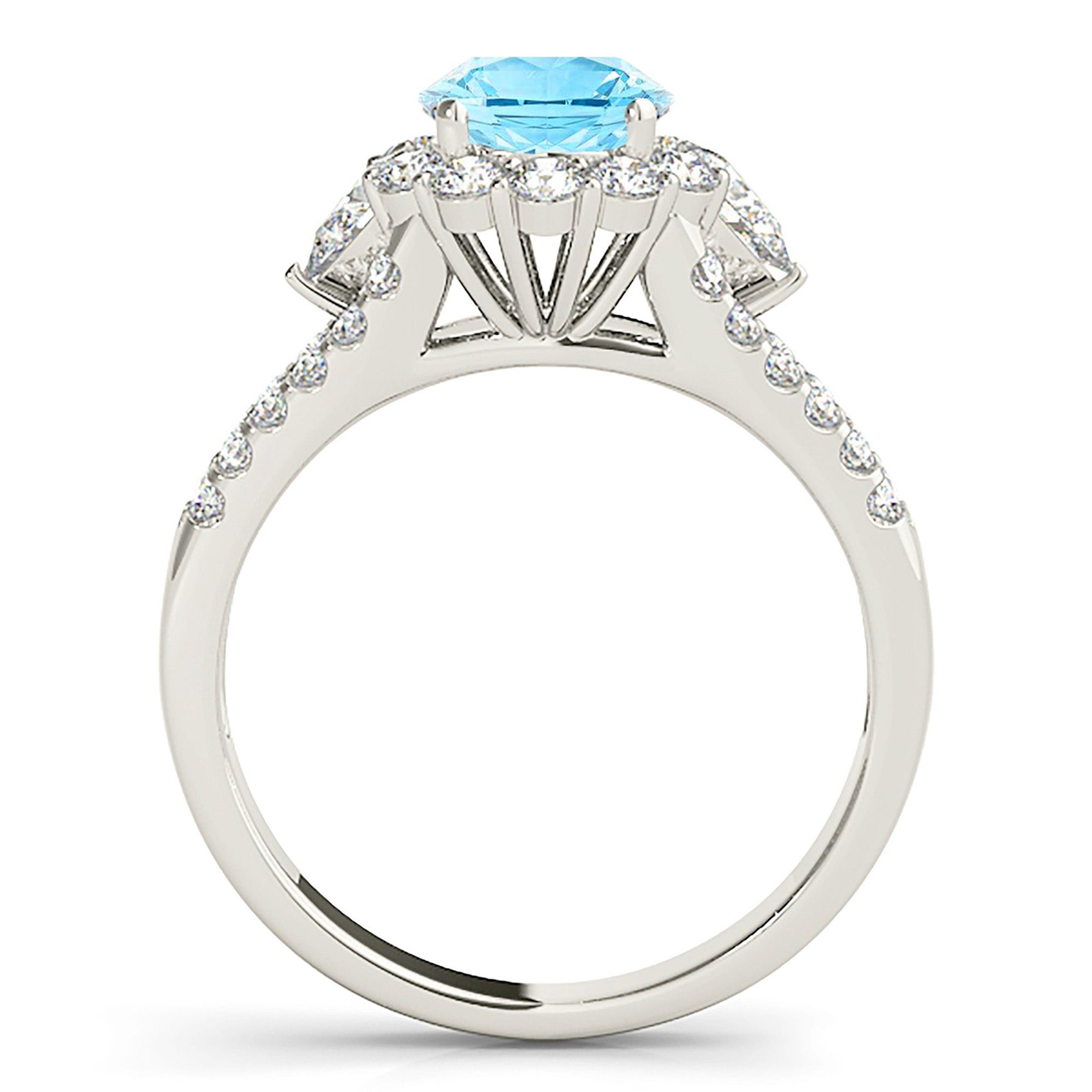 1.10 ct. Genuine Aquamarine Ring With 0.90 ctw. Diamond Halo And Split Diamond Shank,Side Accent Diamonds | Round Blue Aquamarine Halo Ring-VIRABYANI