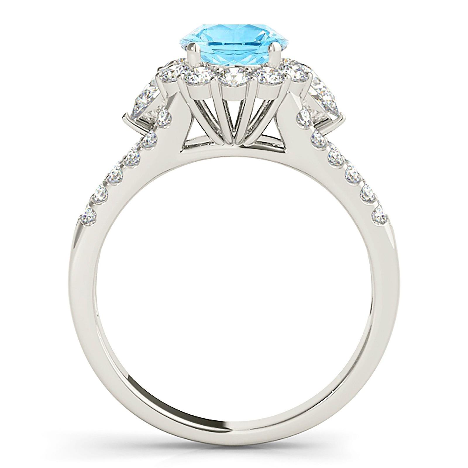 1.10 ct. Genuine Aquamarine Ring With 0.90 ctw. Diamond Halo And Split Diamond Shank,Side Accent Diamonds | Round Blue Aquamarine Halo Ring-VIRABYANI