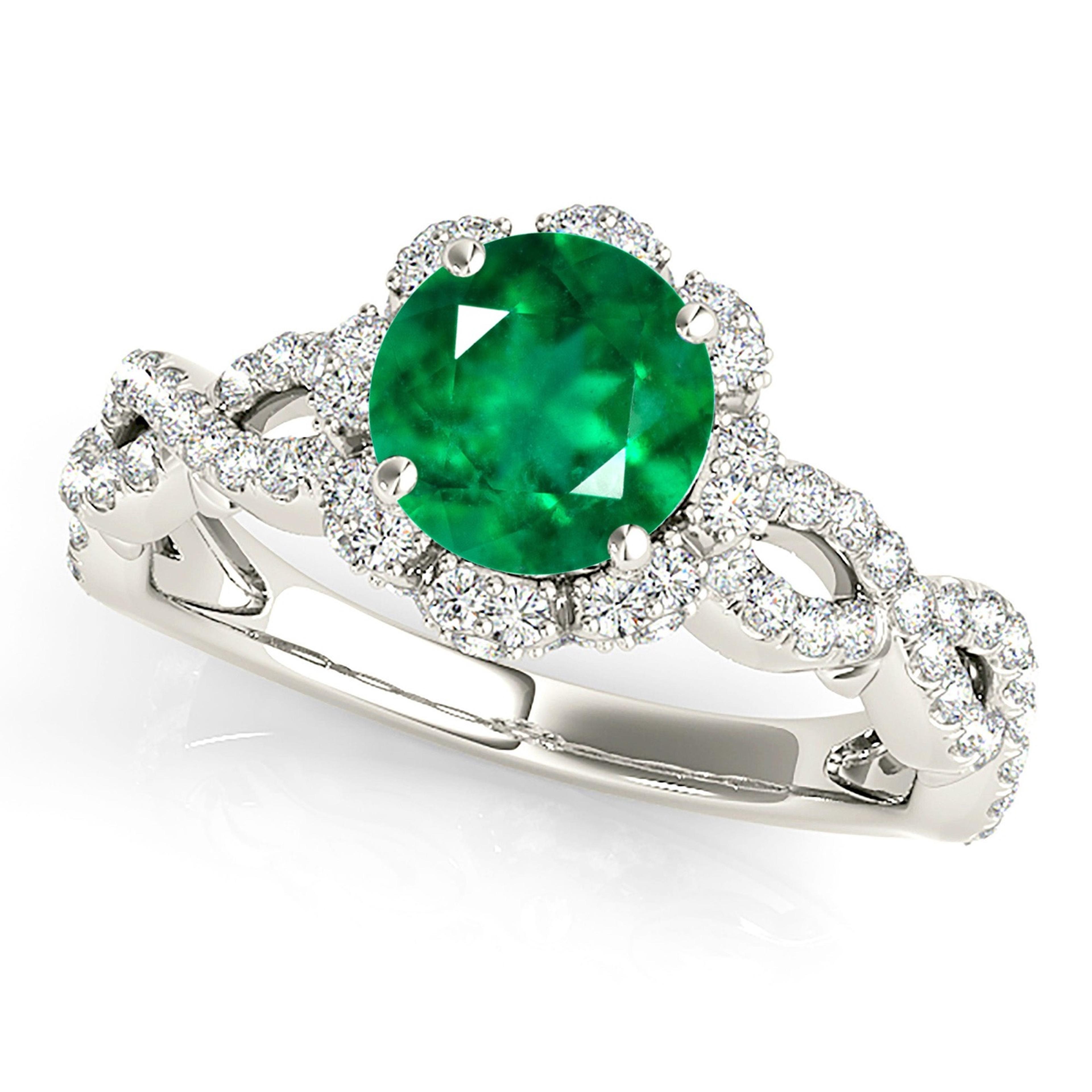1.14 ct. Genuine Emerald Ring With 0.70 ctw. Diamond Flower Halo, Open Twisted Diamond Band-VIRABYANI