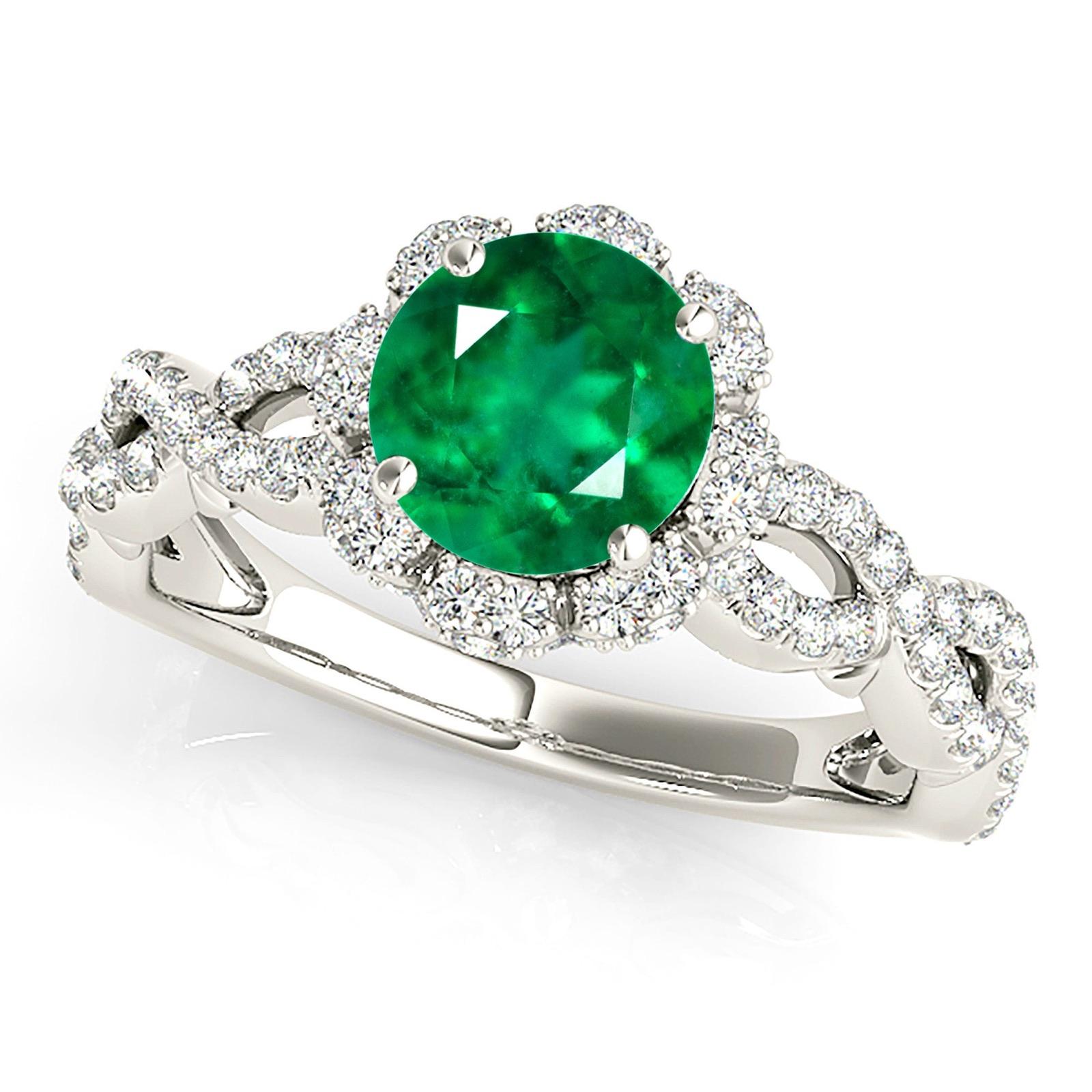 1.14 ct. Genuine Emerald Ring With 0.70 ctw. Diamond Flower Halo, Open Twisted Diamond Band-VIRABYANI