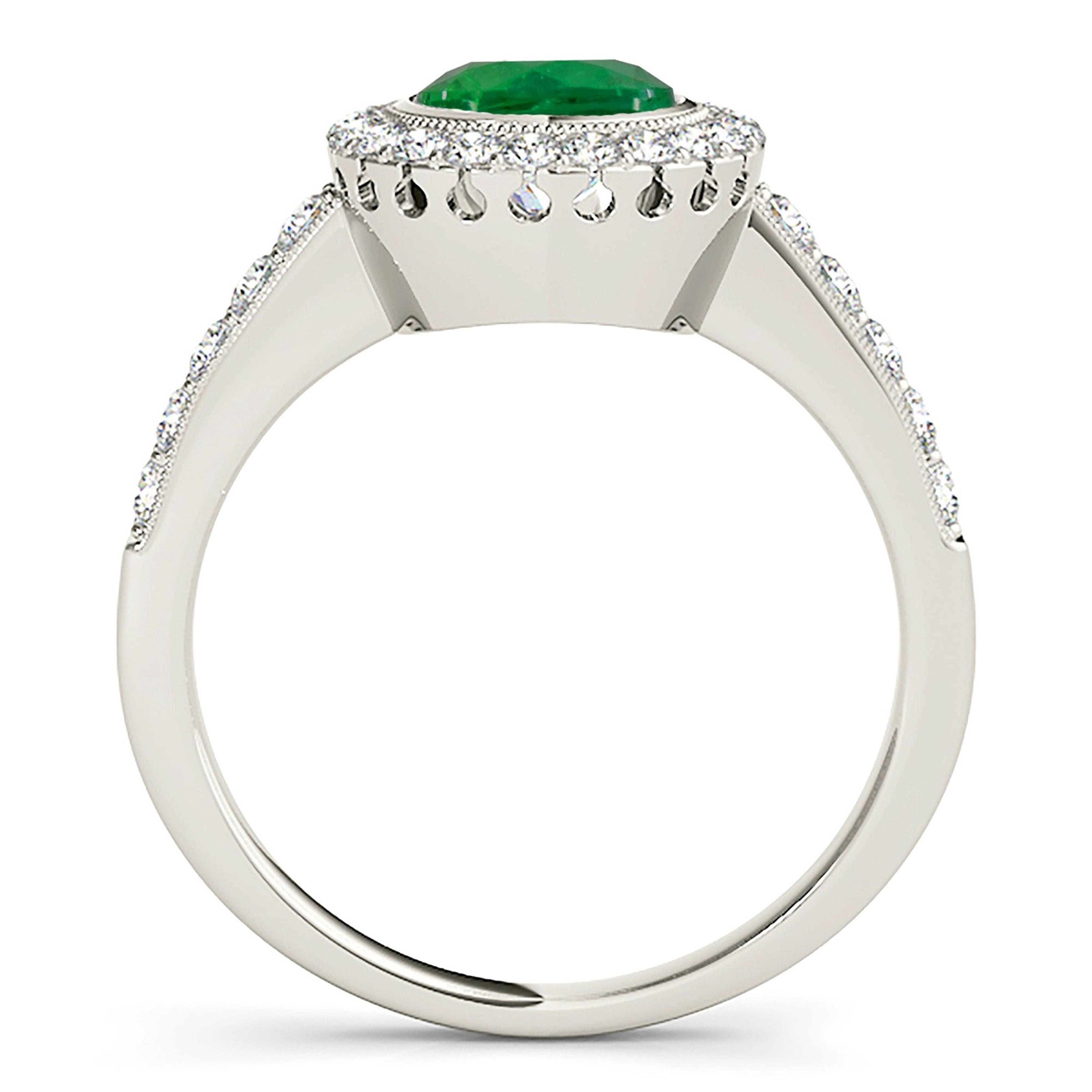 1.14 ct. Genuine Emerald Ring with 0.40 ctw. Diamond Milgrain Halo And Simple Diamond Band-VIRABYANI