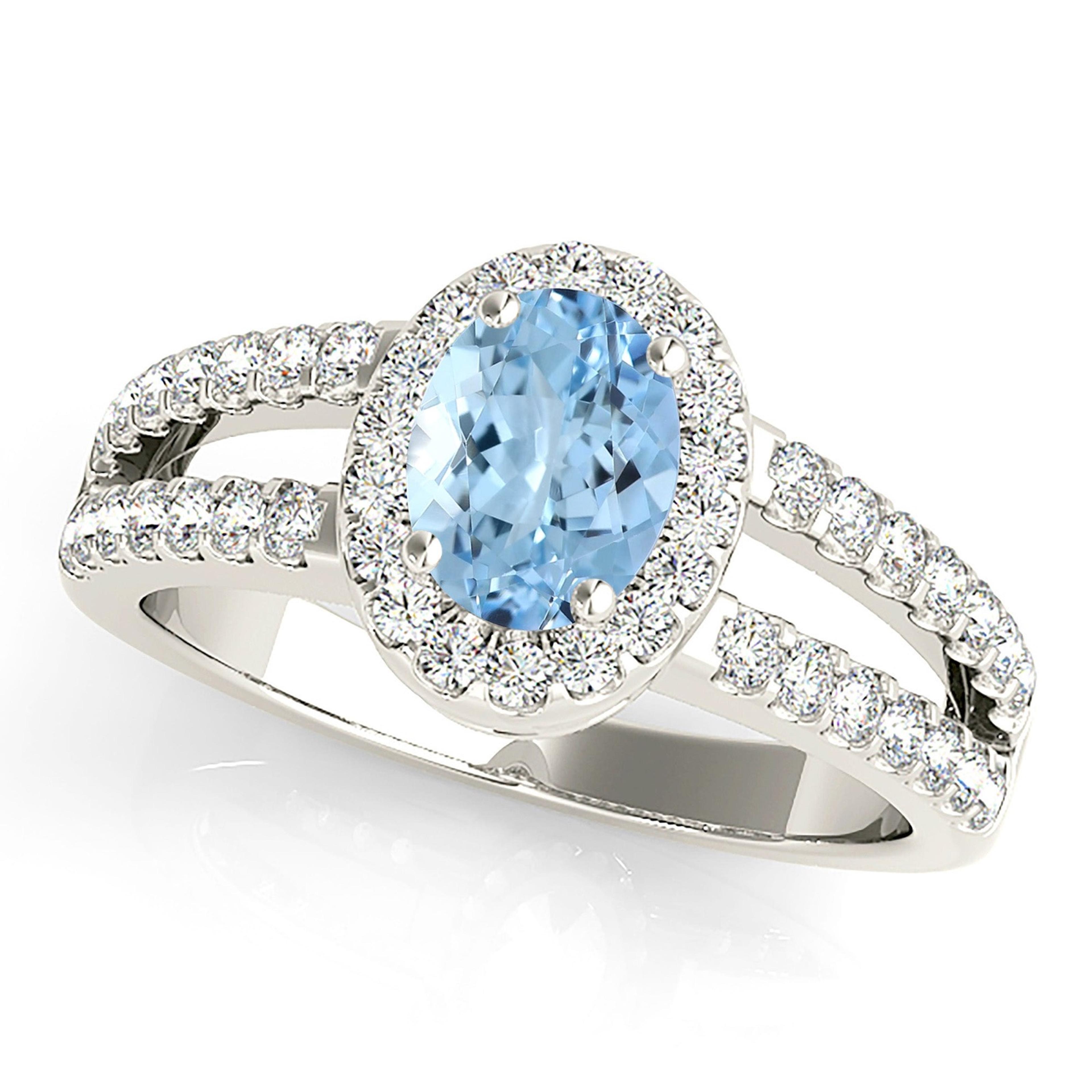 2.00 ct. Genuine Oval Aquamarine Ring With 0.50 ctw. Diamond Halo And Split Diamond Band | Oval Blue Aquamarine Halo Ring-VIRABYANI