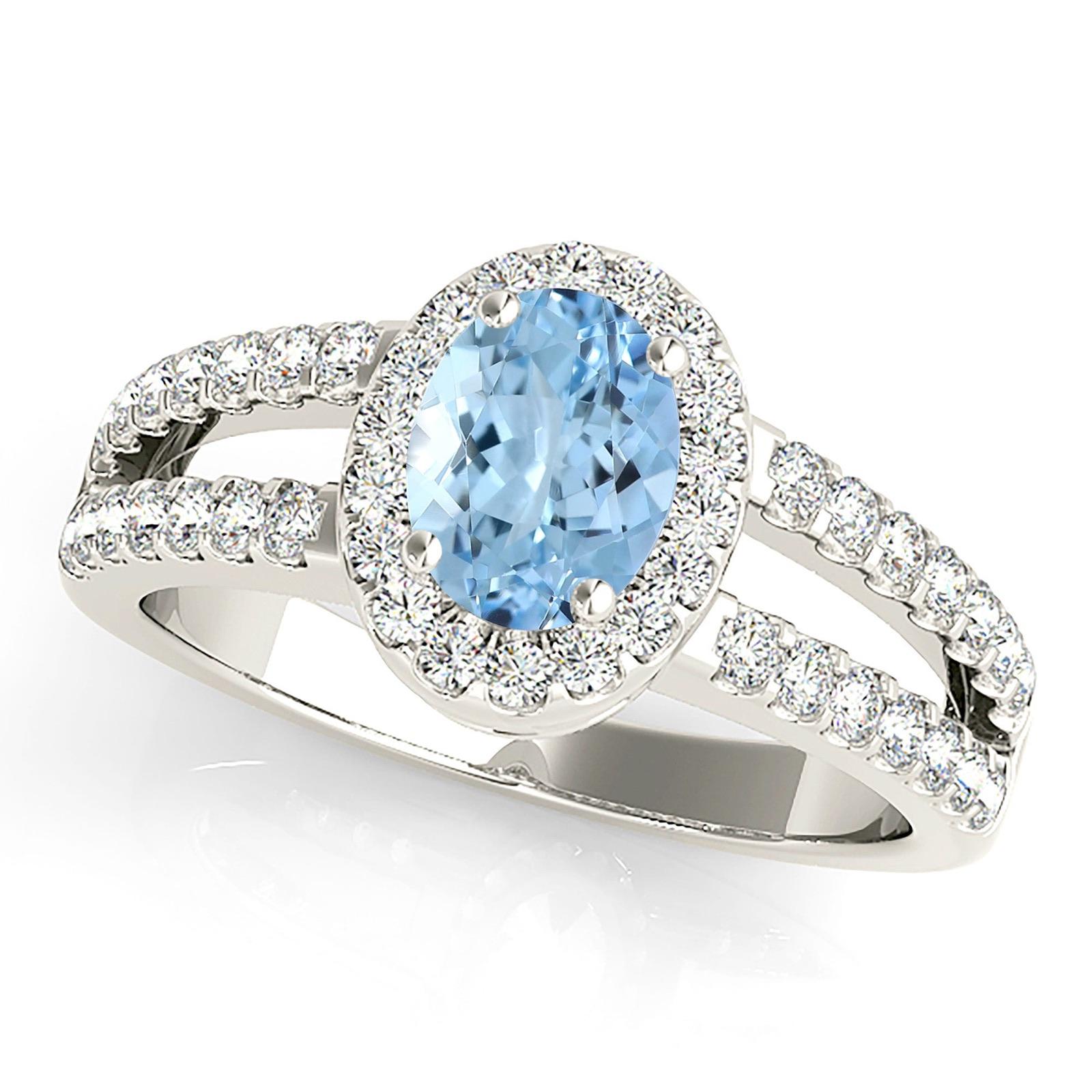 2.00 ct. Genuine Oval Aquamarine Ring With 0.50 ctw. Diamond Halo And Split Diamond Band | Oval Blue Aquamarine Halo Ring-VIRABYANI