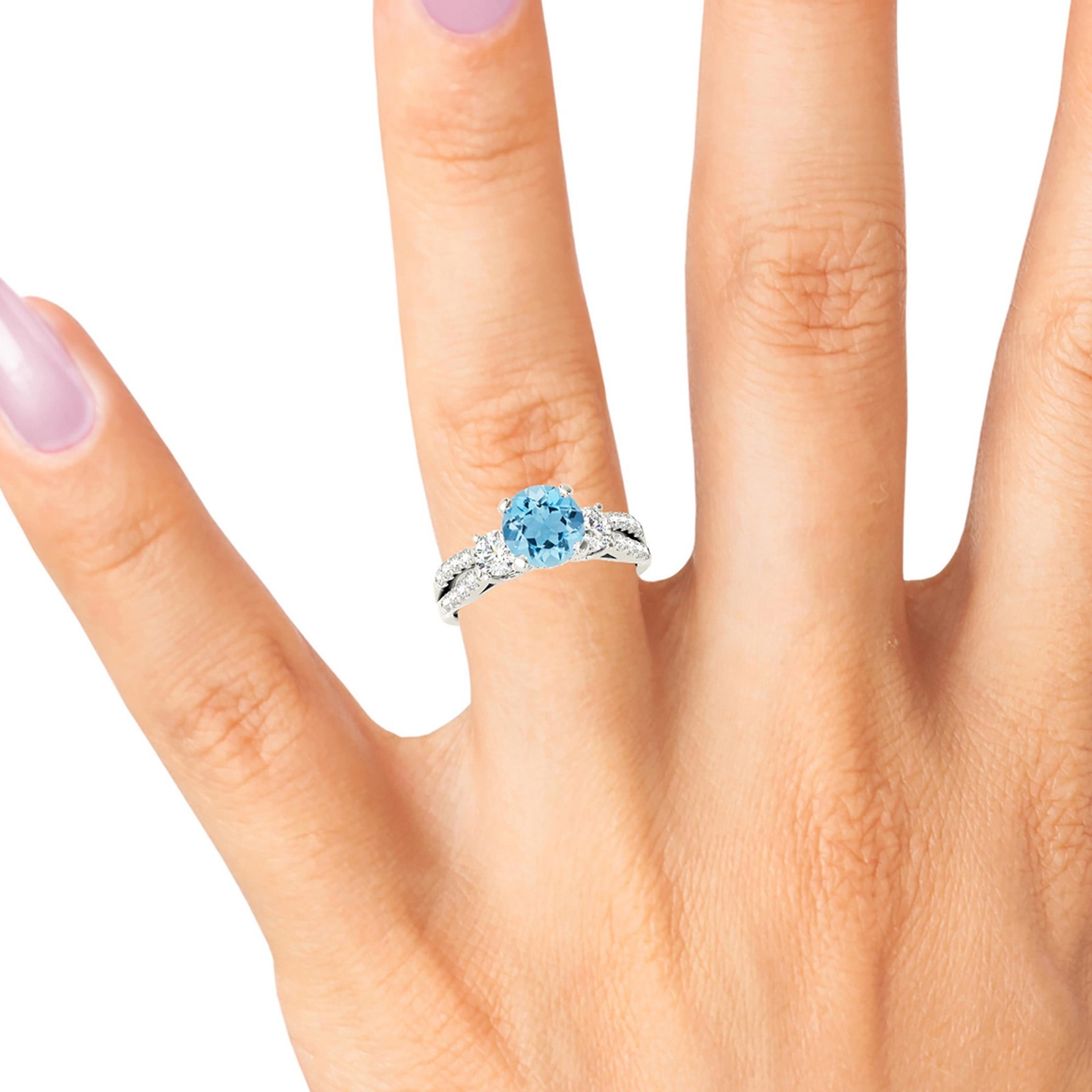 2.00 ct. Genuine Aquamarine Ring With 0.50 ctw. Side Accent Diamonds And Curved Split Diamond band | Round Blue Aquamarine Halo Ring-VIRABYANI