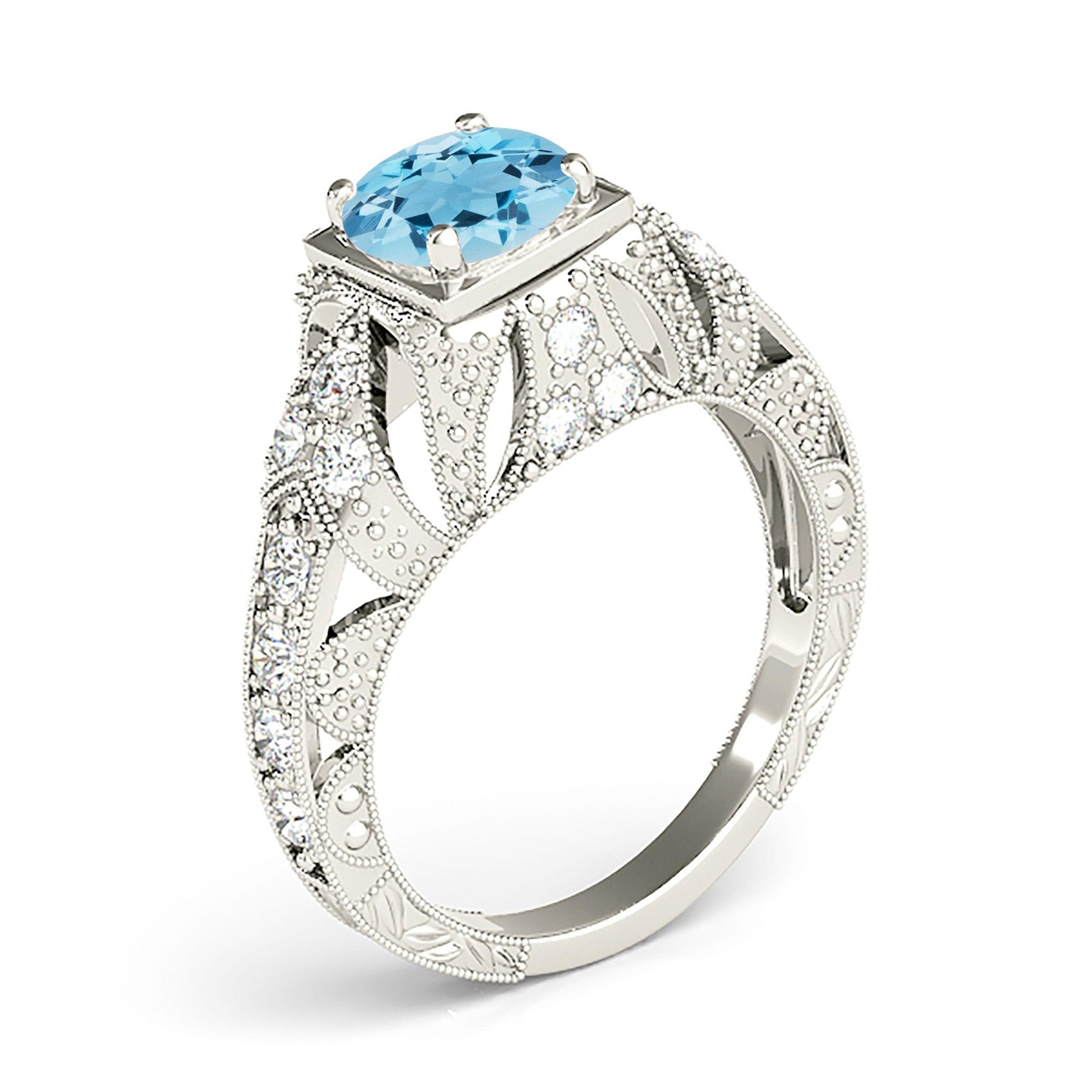 1.10 ct. Genuine Aquamarine Ring With 0.20 ctw. Diamond Filigree and Milgrain Design Fancy Band | Round Blue Aquamarine Halo Ring-VIRABYANI