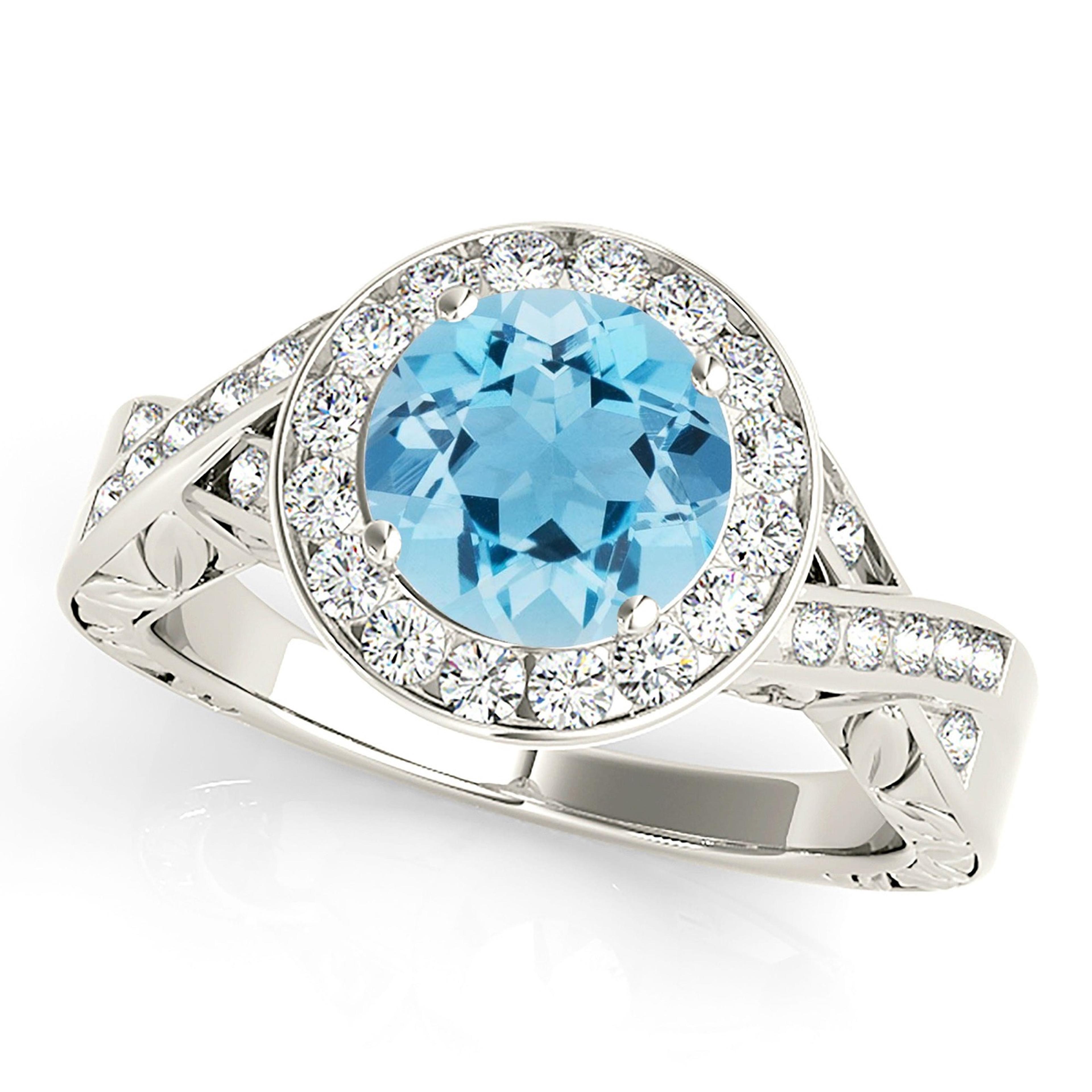 1.75 ct. Genuine Aquamarine Ring With 0.25 ctw. Diamond Halo, Twist Diamond Band, Filigree Accent Sides| Round Blue Aquamarine Halo Ring-VIRABYANI