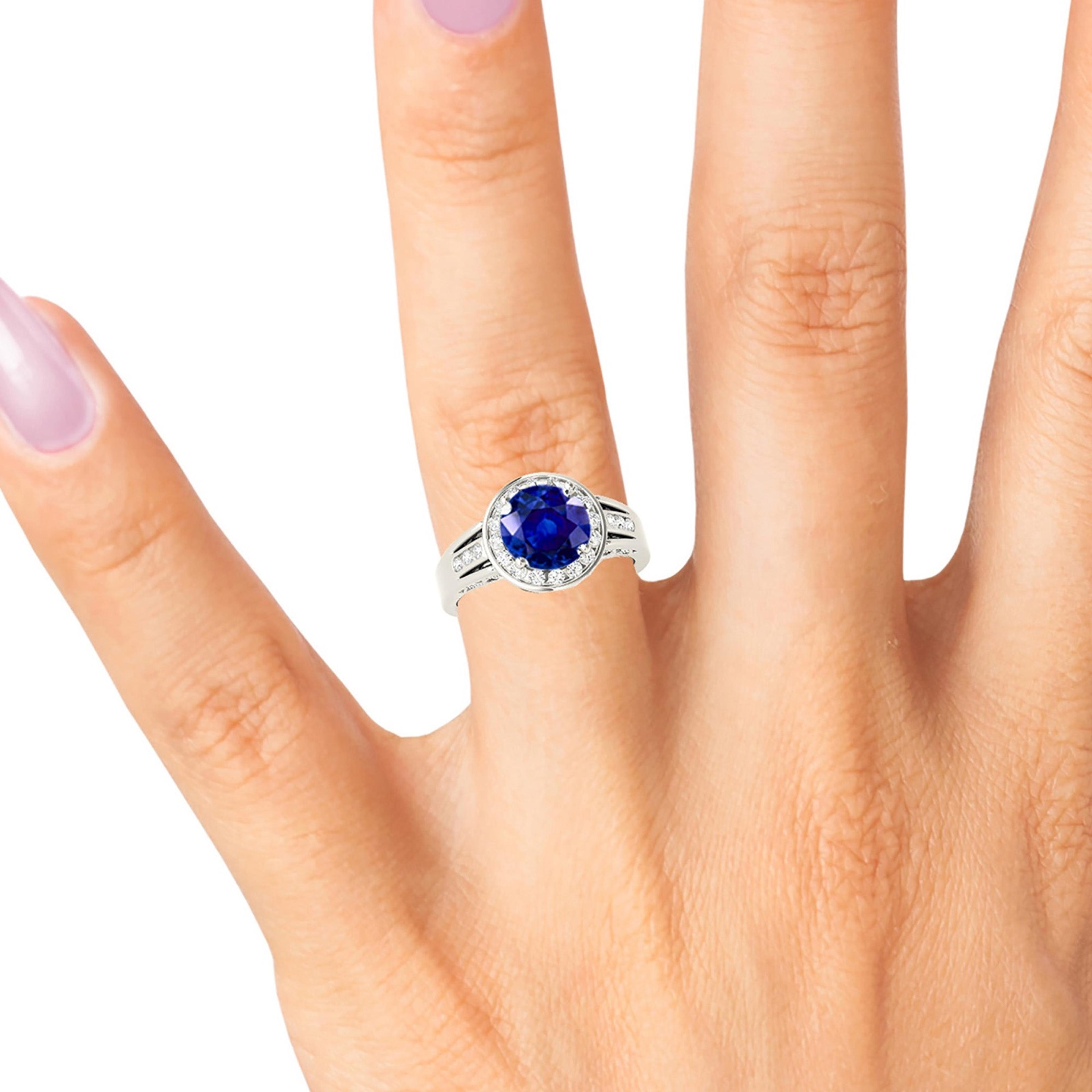 2.41 ct. Genuine Blue Sapphire Halo Ring With 0.20 ctw. Side Diamonds-VIRABYANI
