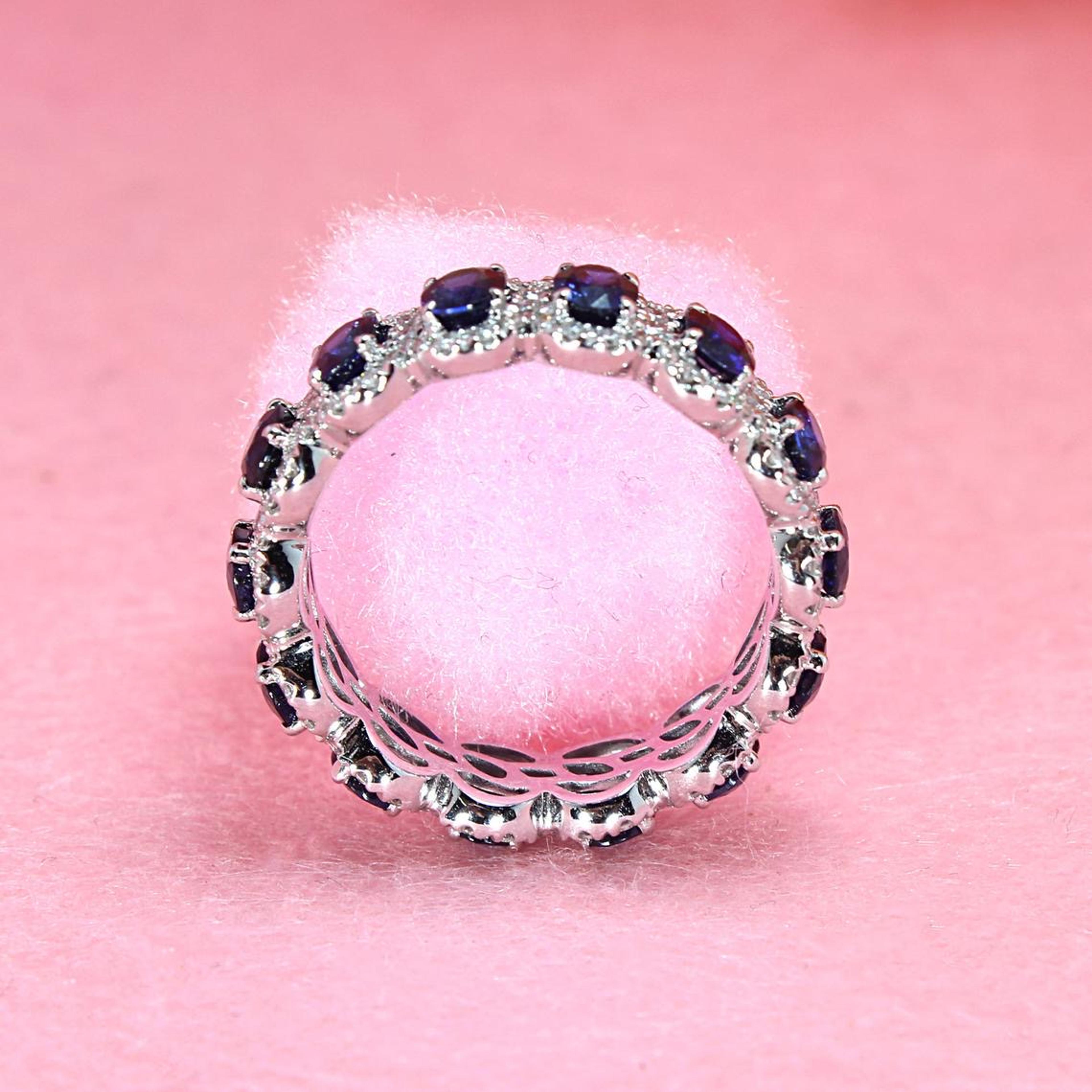 3.05 ct. Genuine Blue Oval Sapphire Eternity Ring With 0.68 ct. Diamonds Halo-VIRABYANI