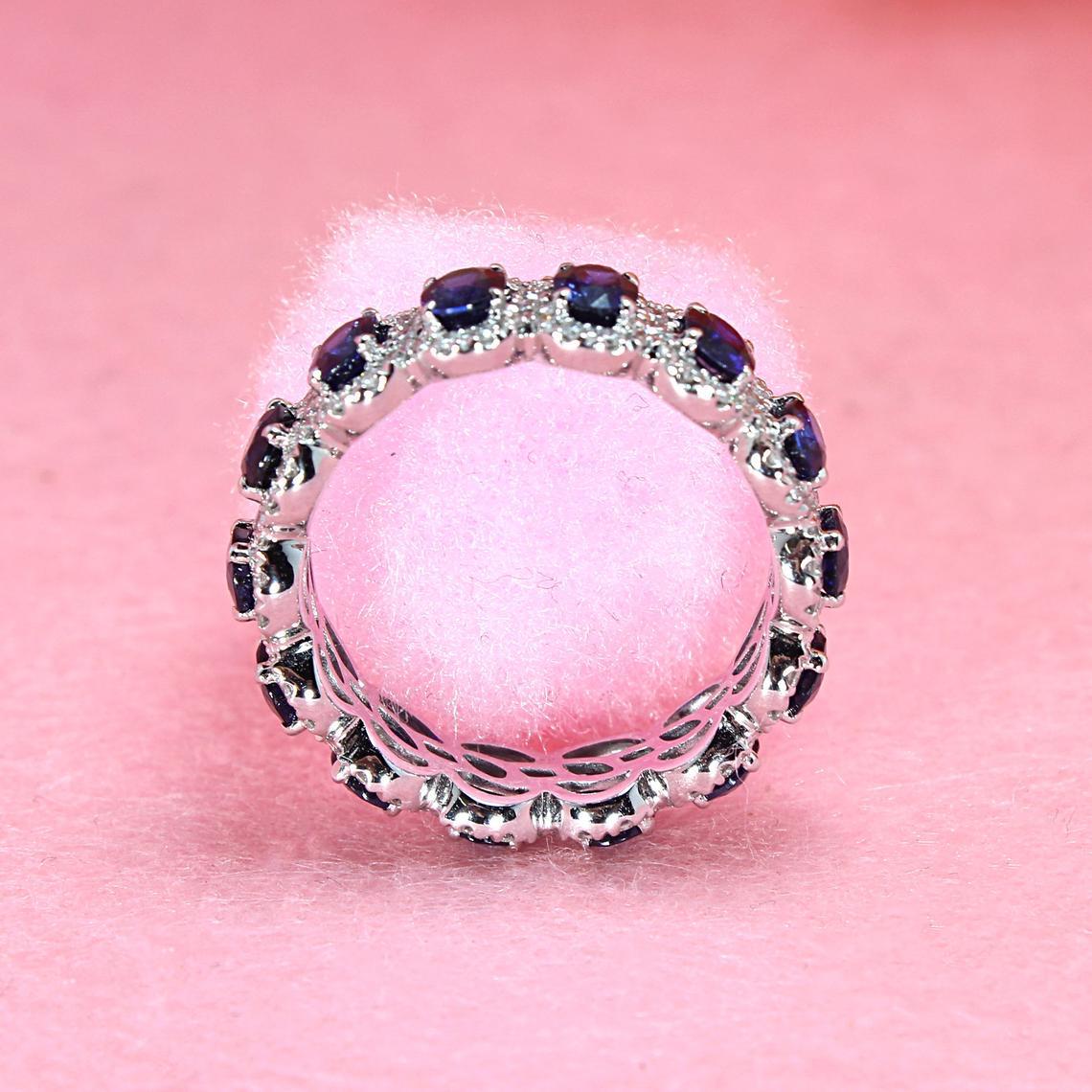 3.05 ct. Genuine Blue Oval Sapphire Eternity Ring With 0.68 ct. Diamonds Halo-VIRABYANI