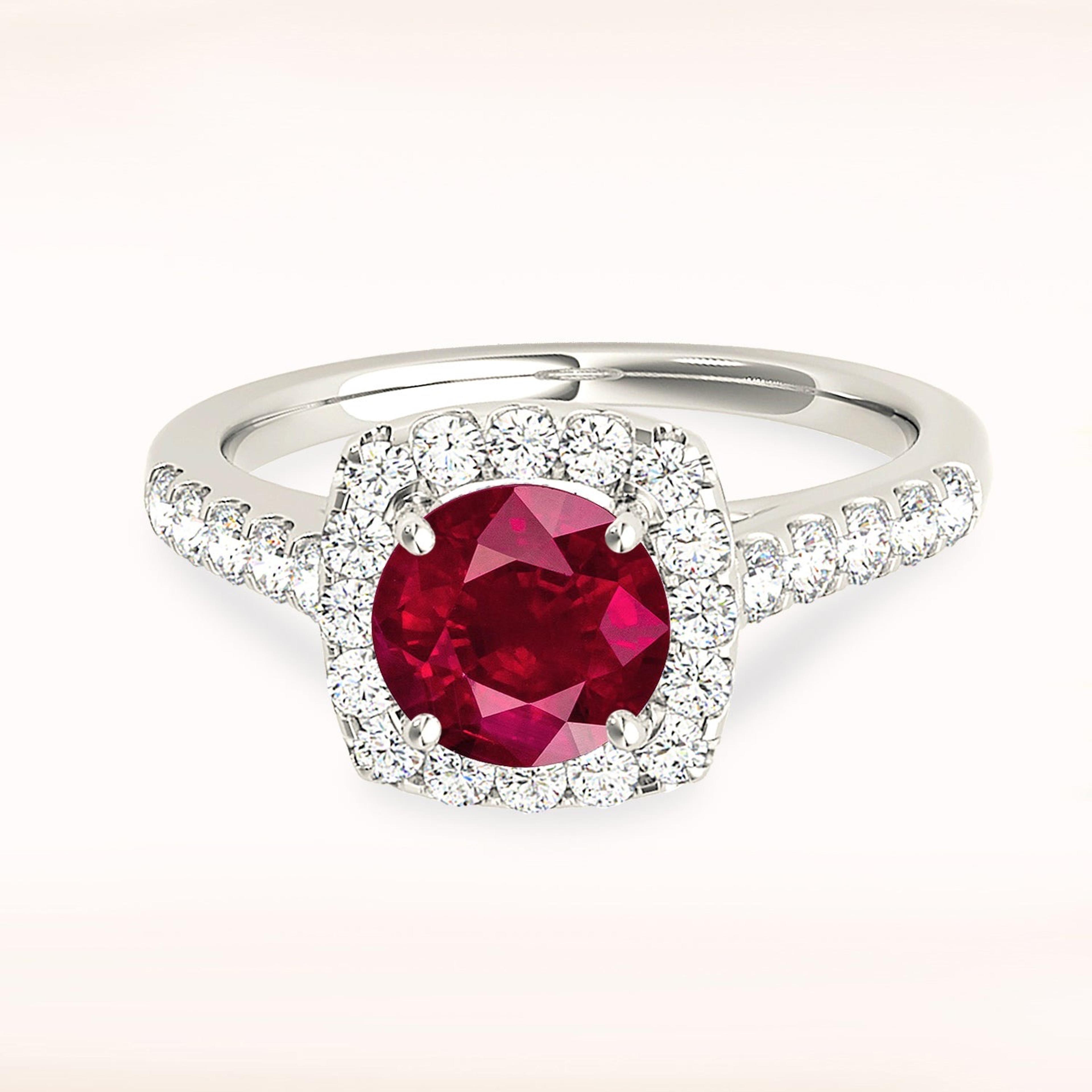1.79 ct. Genuine Ruby Ring With 0.60 ctw. Diamond Cushion Halo And Delicate Diamond Band-VIRABYANI