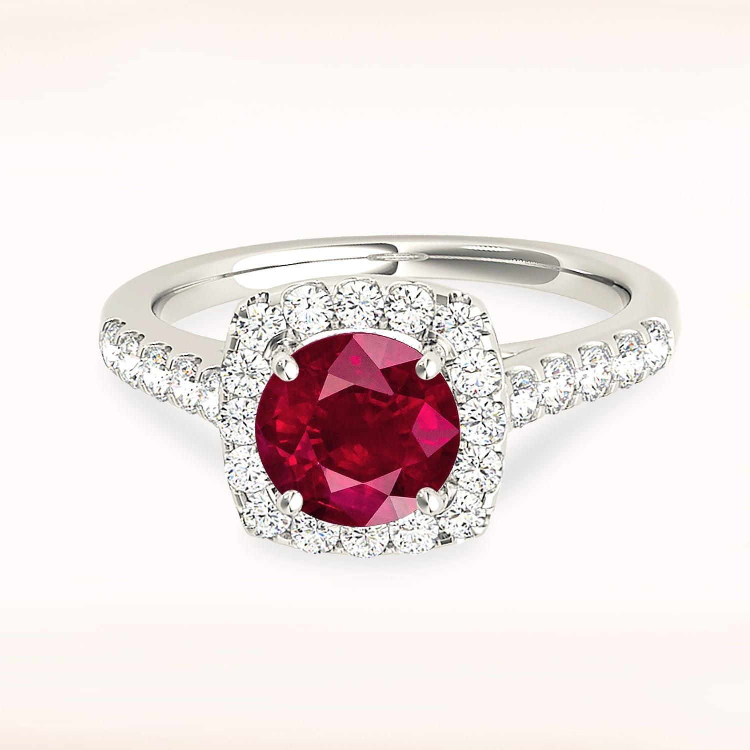1.79 ct. Genuine Ruby Ring With 0.60 ctw. Diamond Cushion Halo And Delicate Diamond Band-VIRABYANI