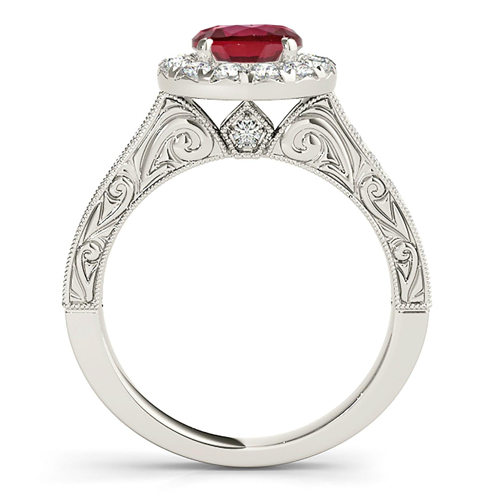 1.35 ct. Genuine Ruby Ring With 0.70 ctw. Diamond Halo And Milgrain Diamond Band, Filligree Design-VIRABYANI