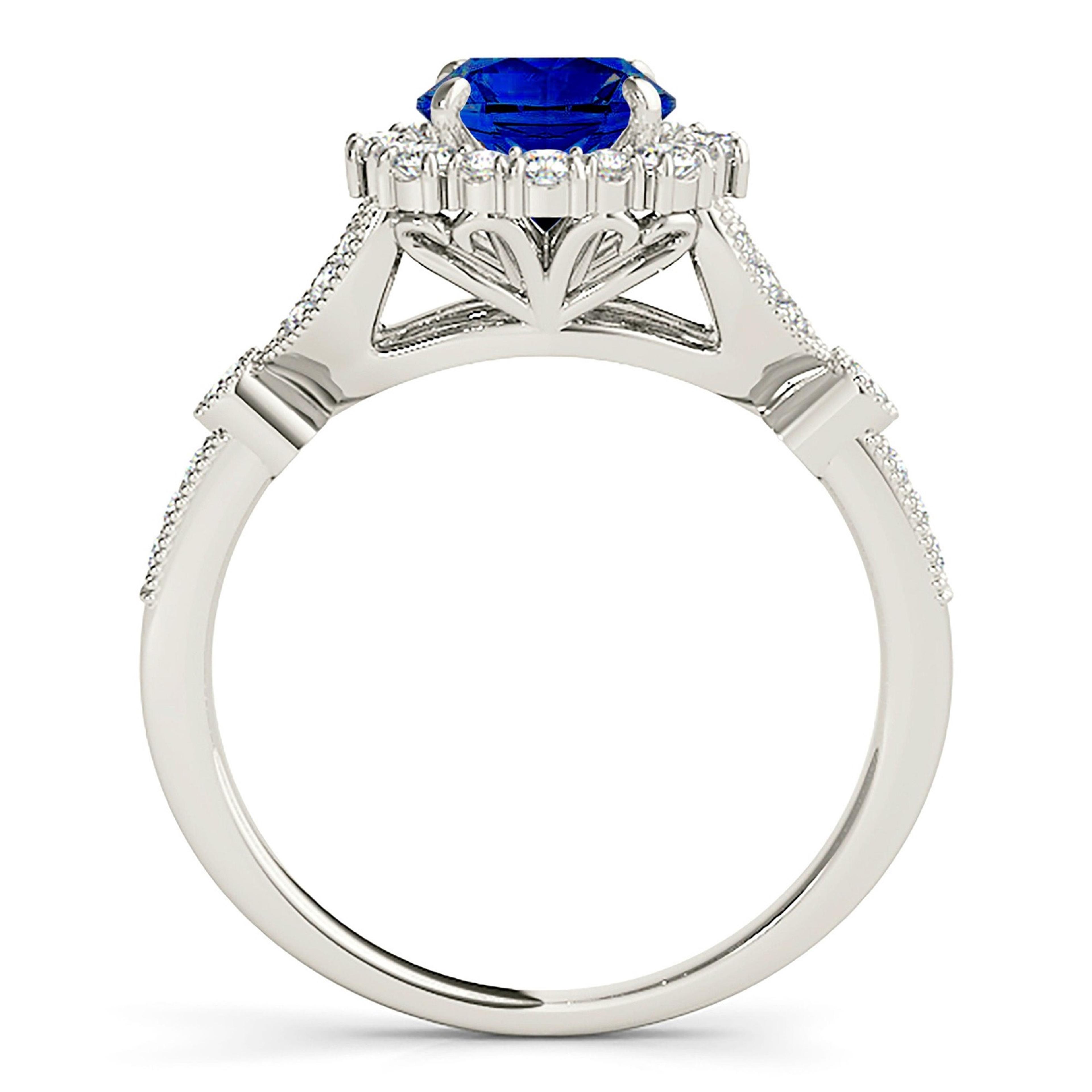 1.35 ct. Genuine Blue Sapphire Halo Milgrain Flower Ring with 0.40 ctw. Side Diamonds on Split Shank-VIRABYANI