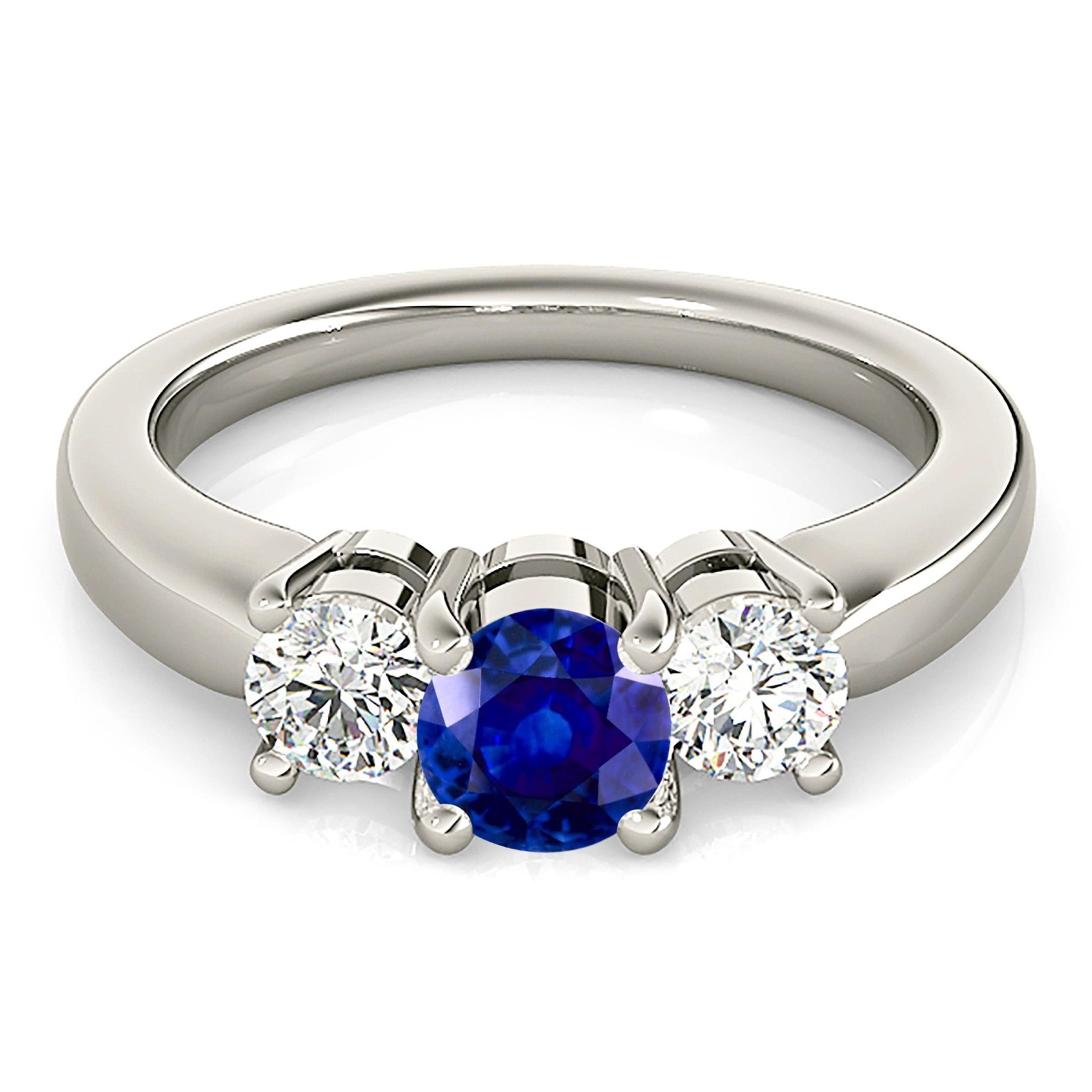 1.20 ct. Genuine Blue Sapphire Three Stone Engagement Ring With 0.50 ctw. Side Diamonds-VIRABYANI