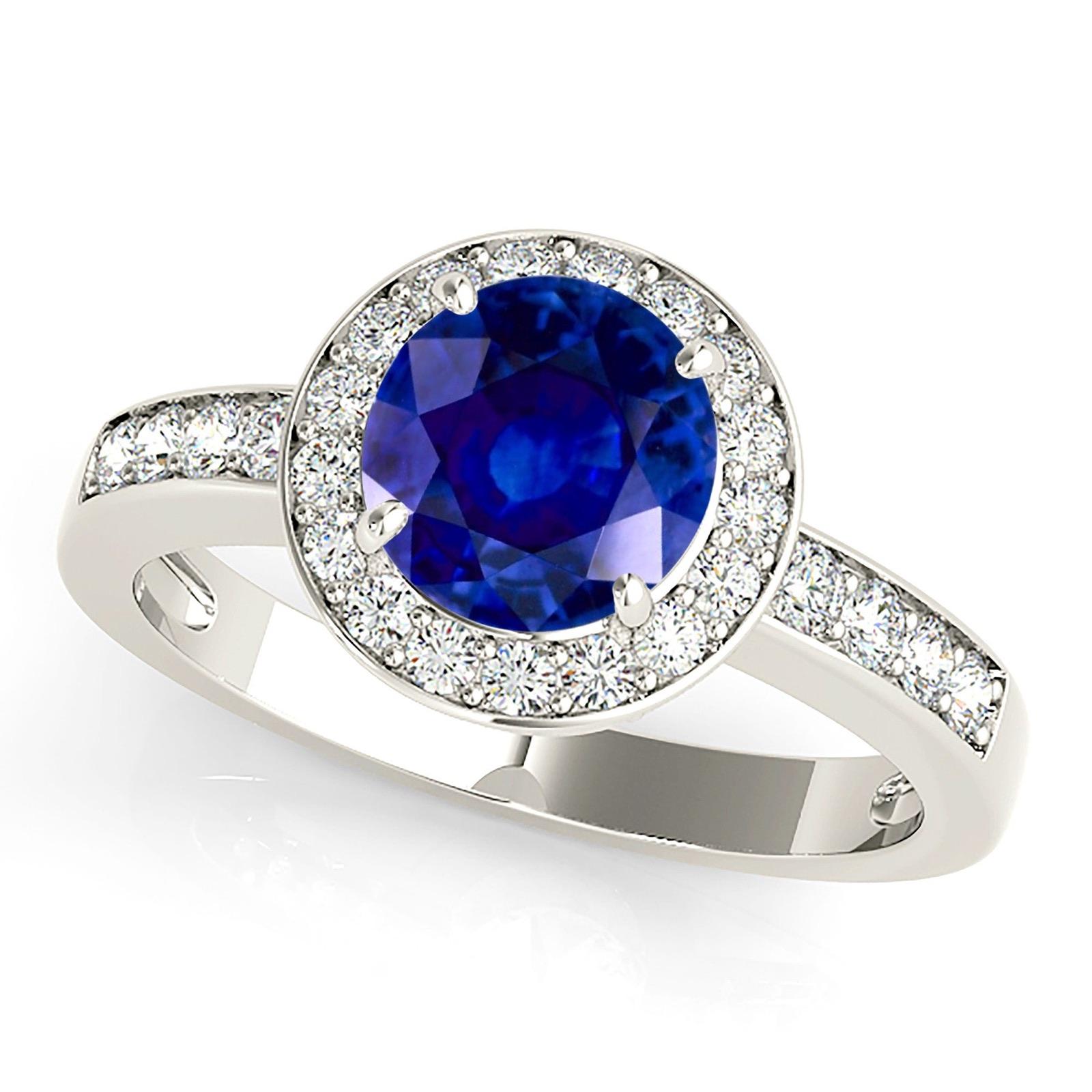 1.80 ct. Genuine Blue Sapphire Halo Engagement Ring With 0.50 ctw. Side and Under Halo Diamonds-VIRABYANI