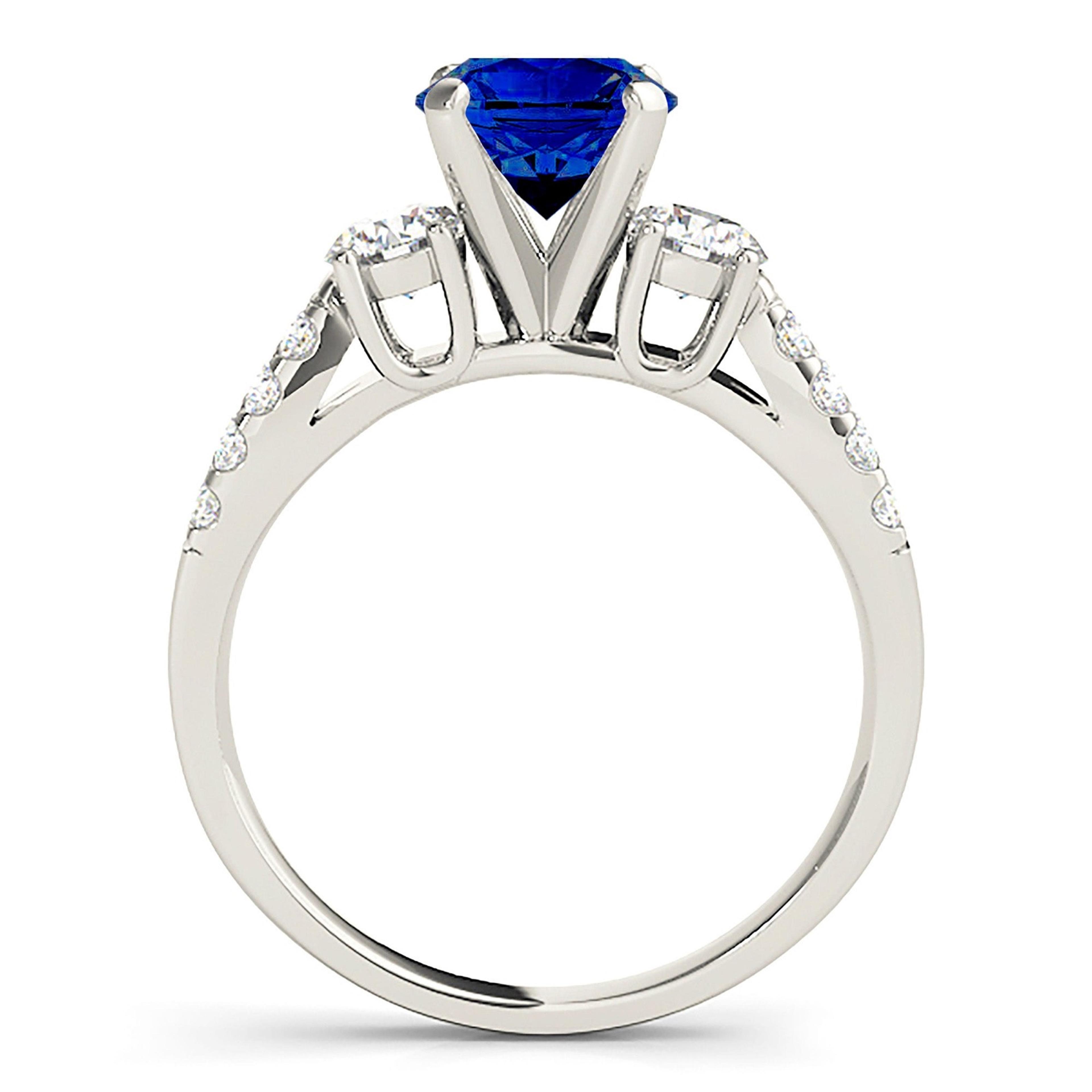 2.41 ct. Genuine Blue Sapphire Three Stone Ring With 0.50 ctw. Side Diamonds on Split Shank-VIRABYANI