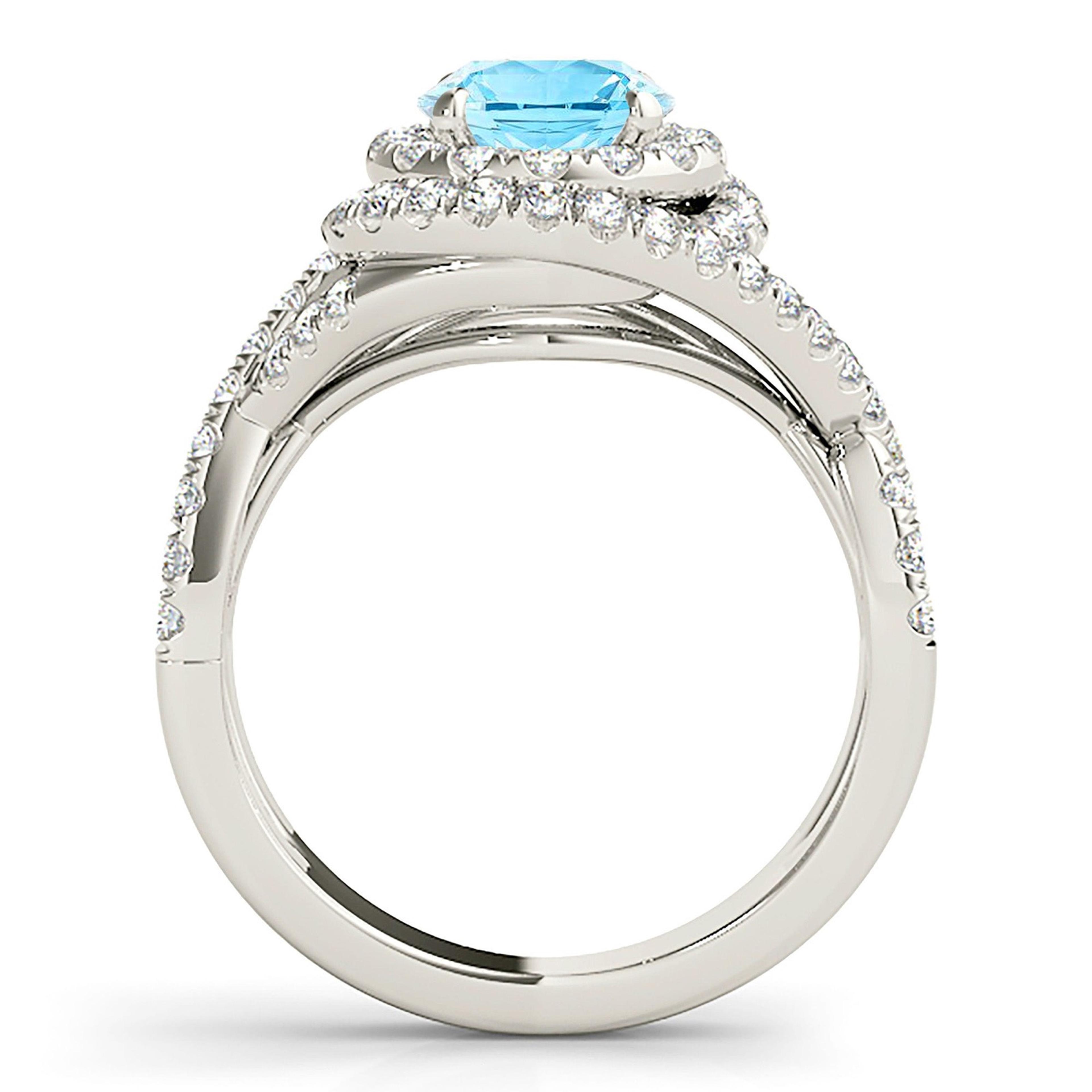 1.10 ct. Genuine Aquamarine Ring With 0.70 ctw. Diamond Wraparound Floral Halo And Braid Design Band | Round Blue Aquamarine Halo Ring-VIRABYANI