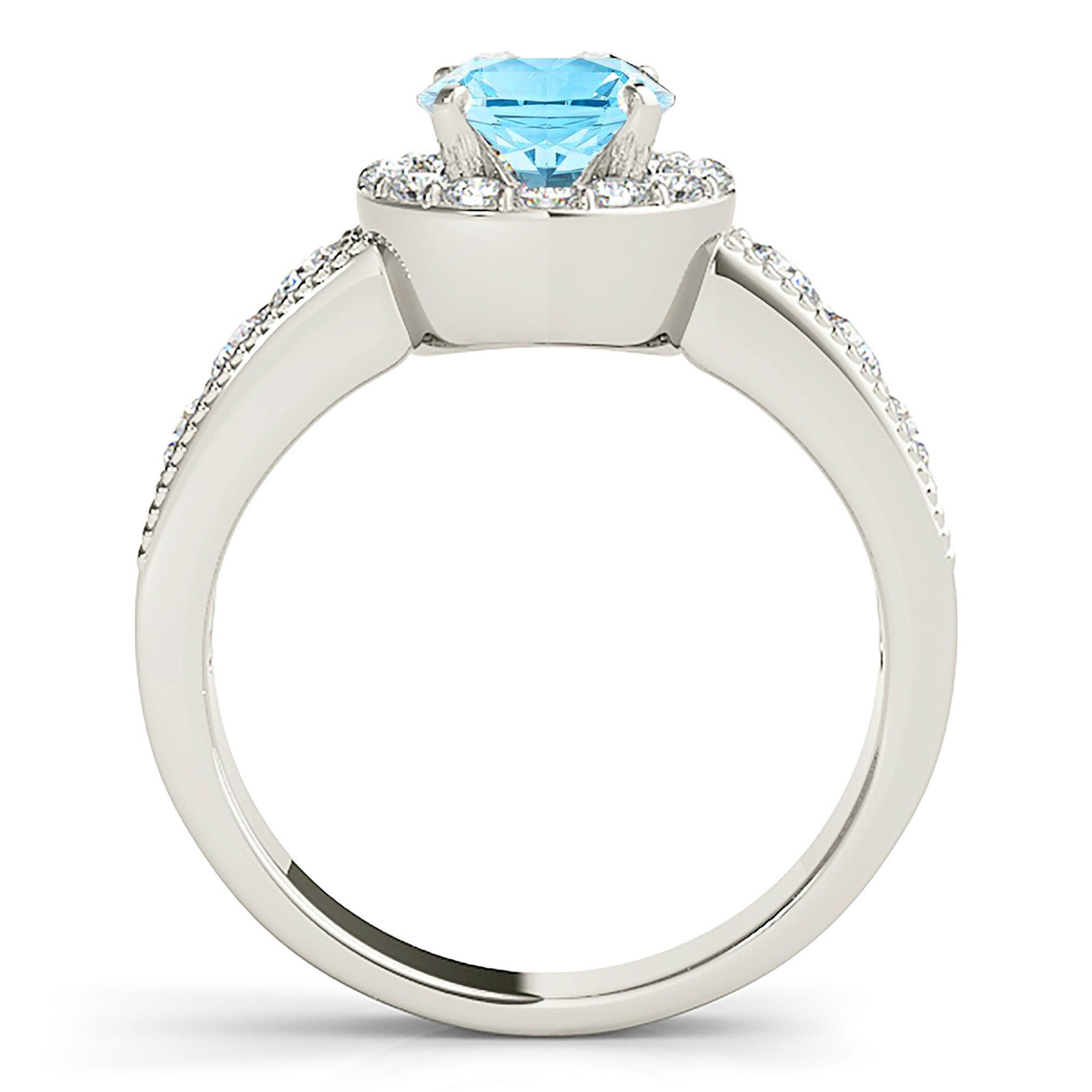 1.10 ct. Genuine Aquamarine Ring With 0.75 ctw. Diamond Halo And Milgrain Diamond Band | Round Blue Aquamarine Halo Ring-VIRABYANI