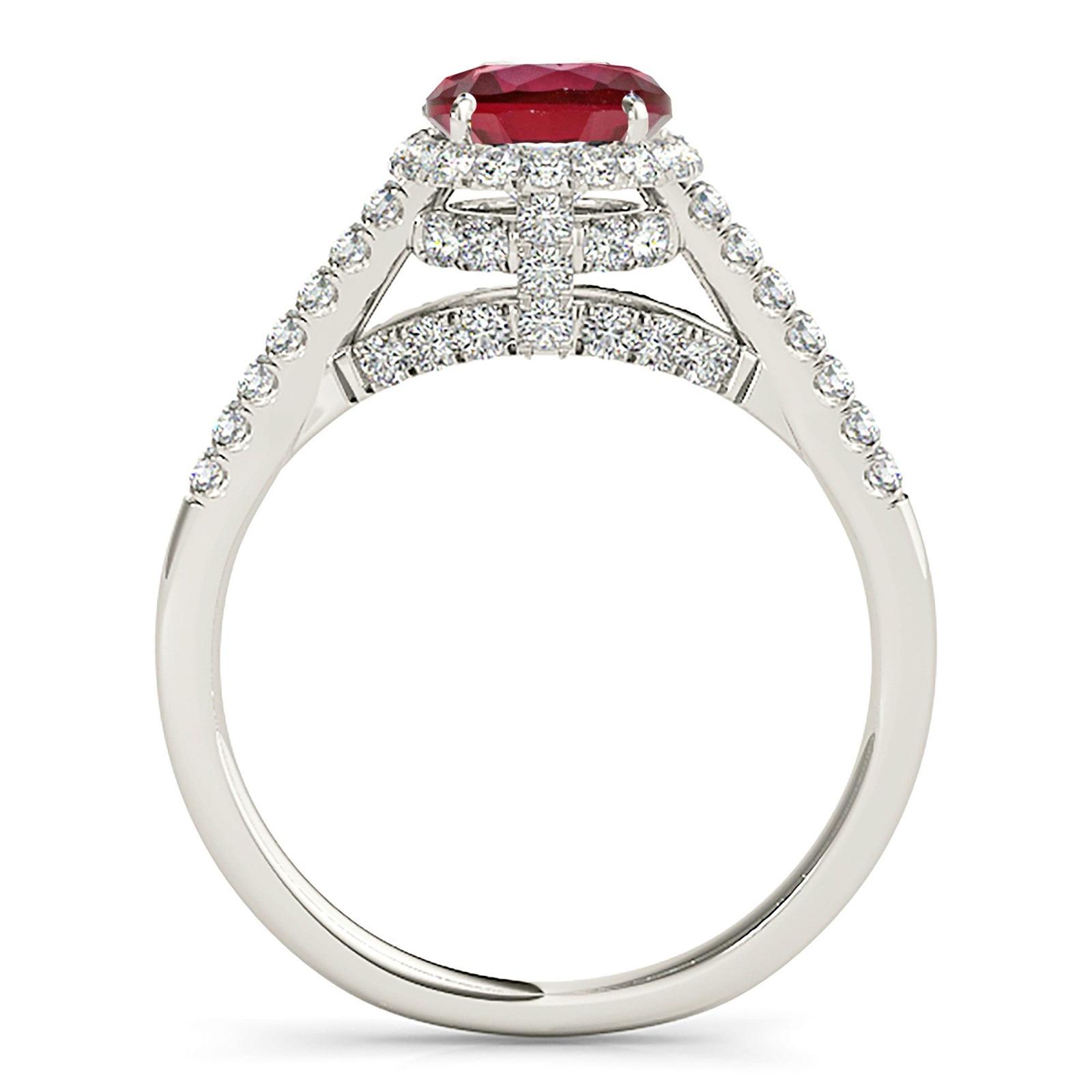 1.35 ct. Genuine Ruby Ring With 0.40 ctw. Diamond Double Halo And Dainty diamond Band, Diamond Bridge-VIRABYANI