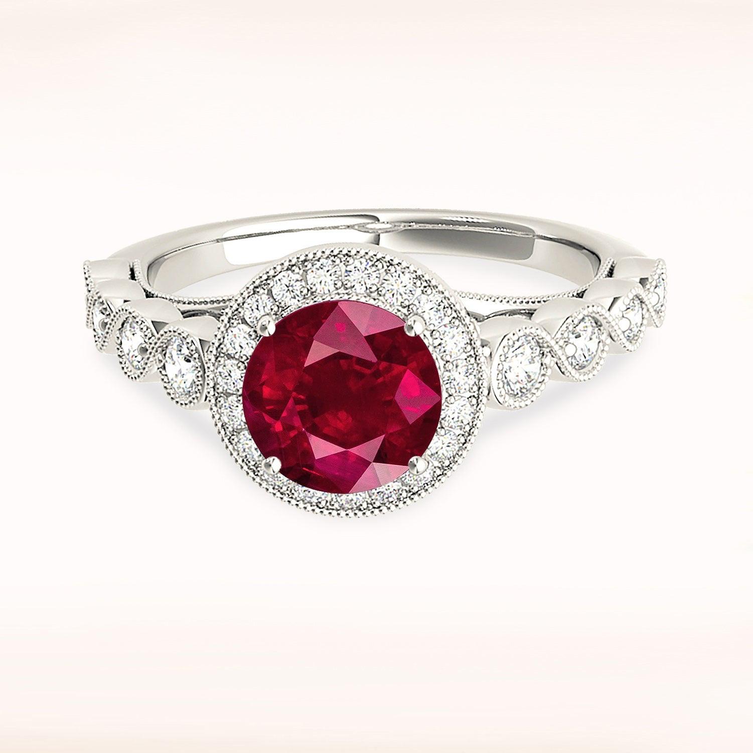 1.35 ct. Genuine Ruby Ring With Halo,Swirly Milgrain Diamond Band