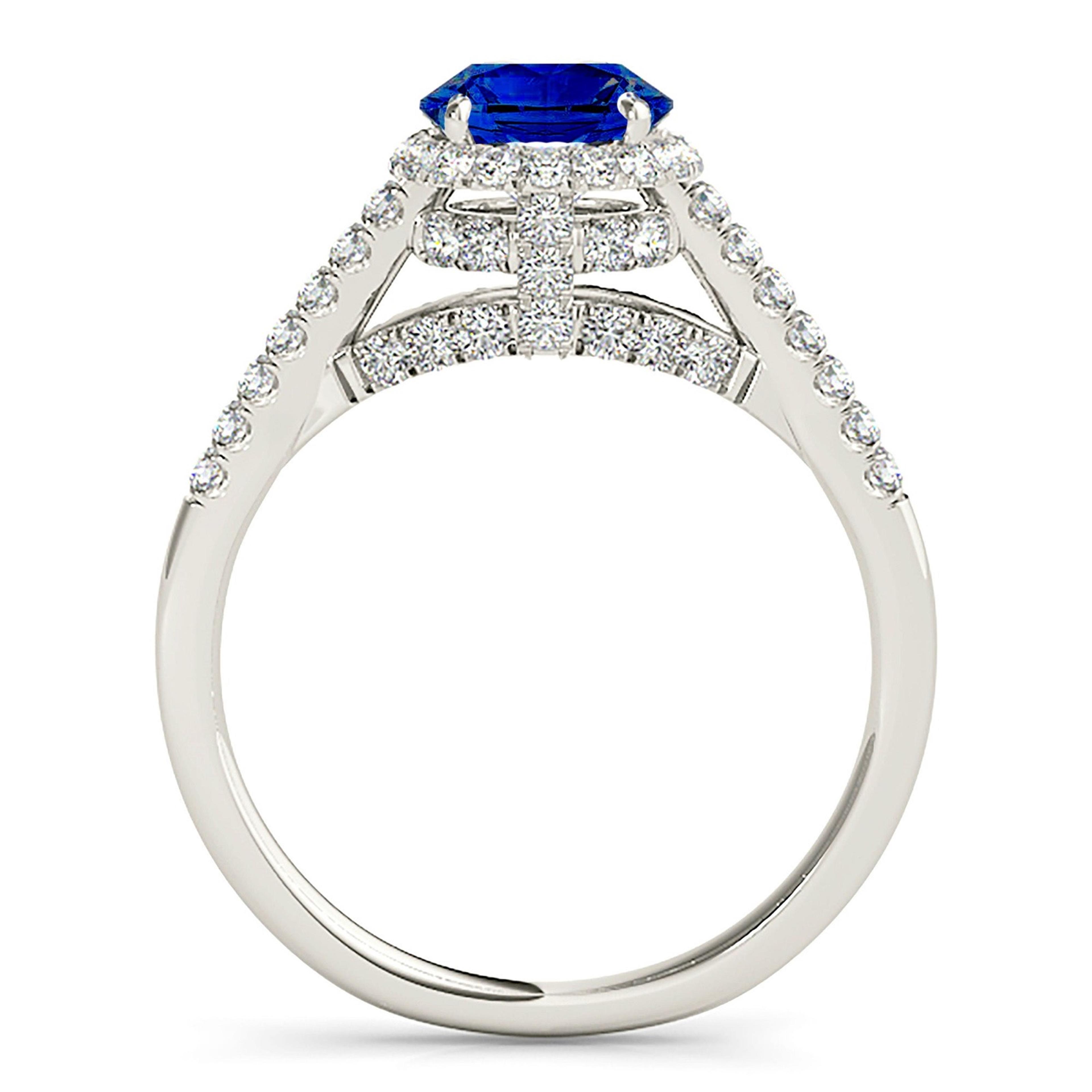 1.35 ct. Genuine Blue Sapphire Halo Ring With 0.40 ctw. Side and Accent Diamonds-VIRABYANI