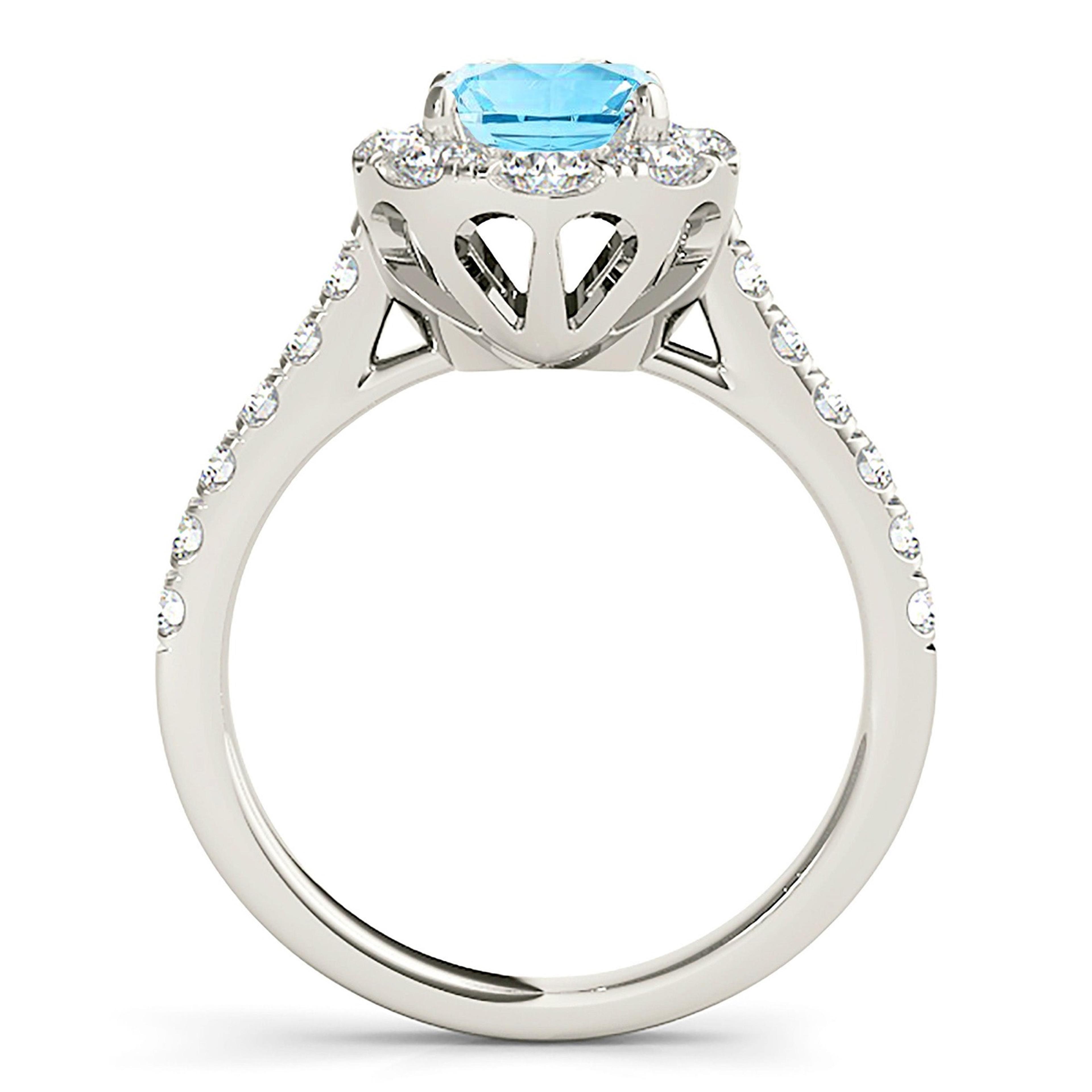 1.10 ct. Genuine Aquamarine Ring With 0.90 ctw. Diamond Oval Halo And Delicate Diamond Band | Round Blue Aquamarine Halo Ring-VIRABYANI