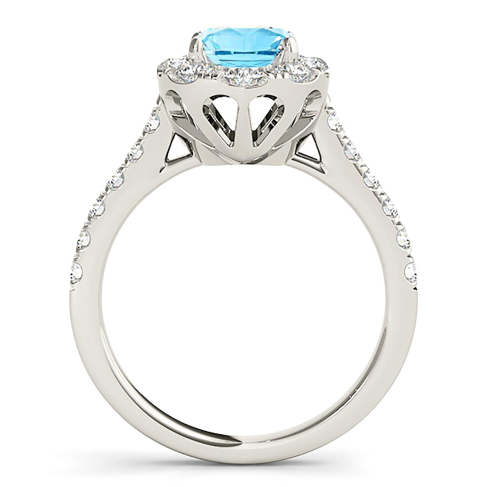 1.10 ct. Genuine Aquamarine Ring With 0.90 ctw. Diamond Oval Halo And Delicate Diamond Band | Round Blue Aquamarine Halo Ring-VIRABYANI