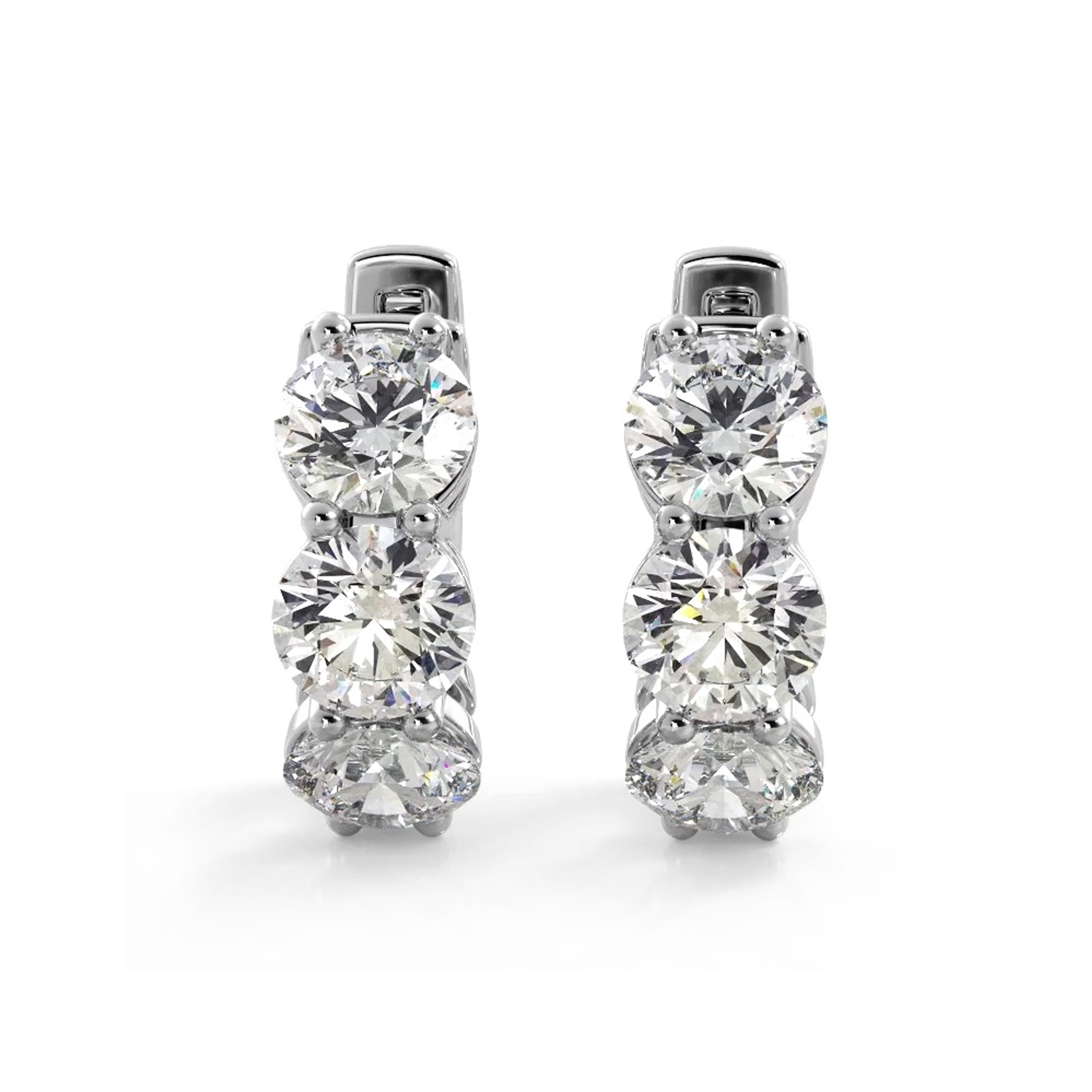 1.50 ctw. Three Stone Diamond Hoop Earrings Huggie Style