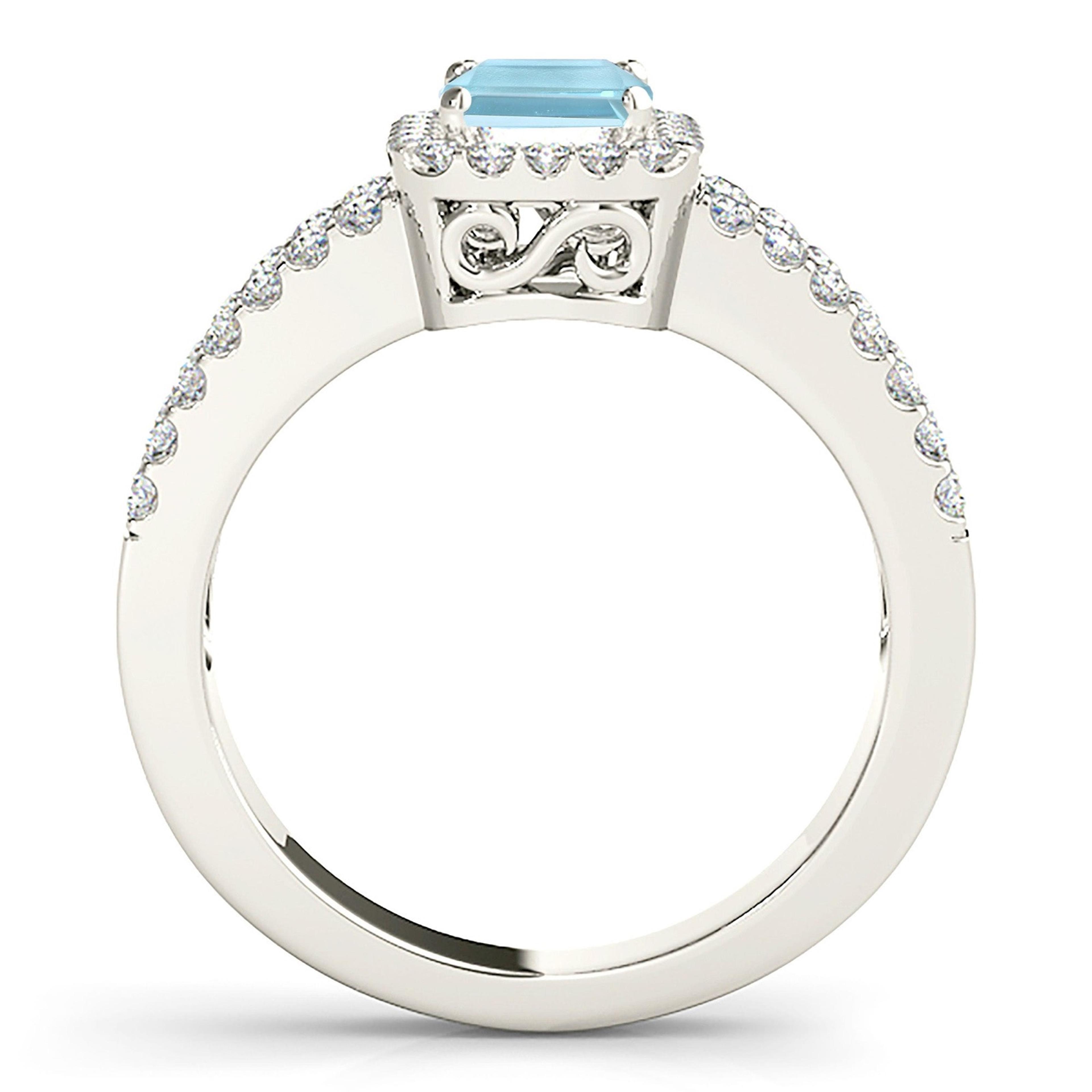 1.00 ct. Genuine Emerald Cut Aquamarine Ring With 0.50 ctw. Diamond Halo And Diamond Split Shank | Emerald Cut Blue Aquamarine Halo Ring-VIRABYANI