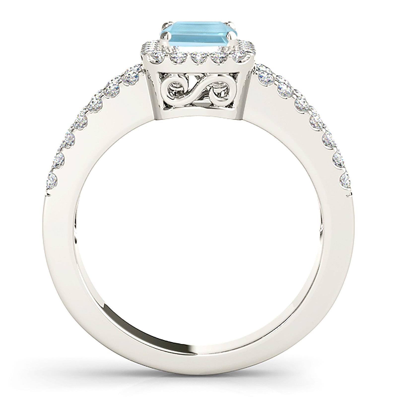 1.00 ct. Genuine Emerald Cut Aquamarine Ring With 0.50 ctw. Diamond Halo And Diamond Split Shank | Emerald Cut Blue Aquamarine Halo Ring-VIRABYANI