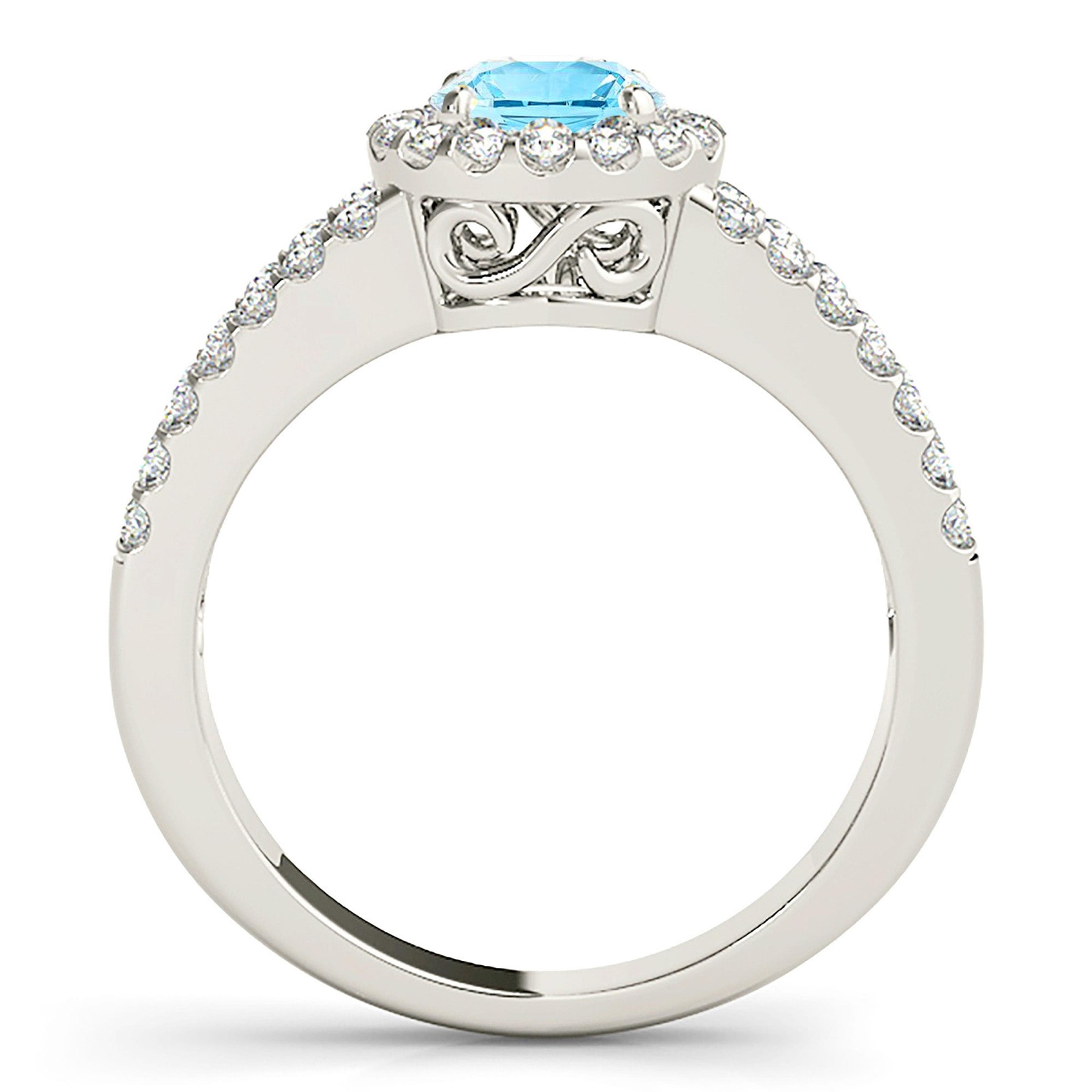1.63 ct. Genuine Aquamarine Ring With 0.50 ctw. Diamond Wide Open Split Shank | Round Blue Aquamarine Halo Ring-VIRABYANI