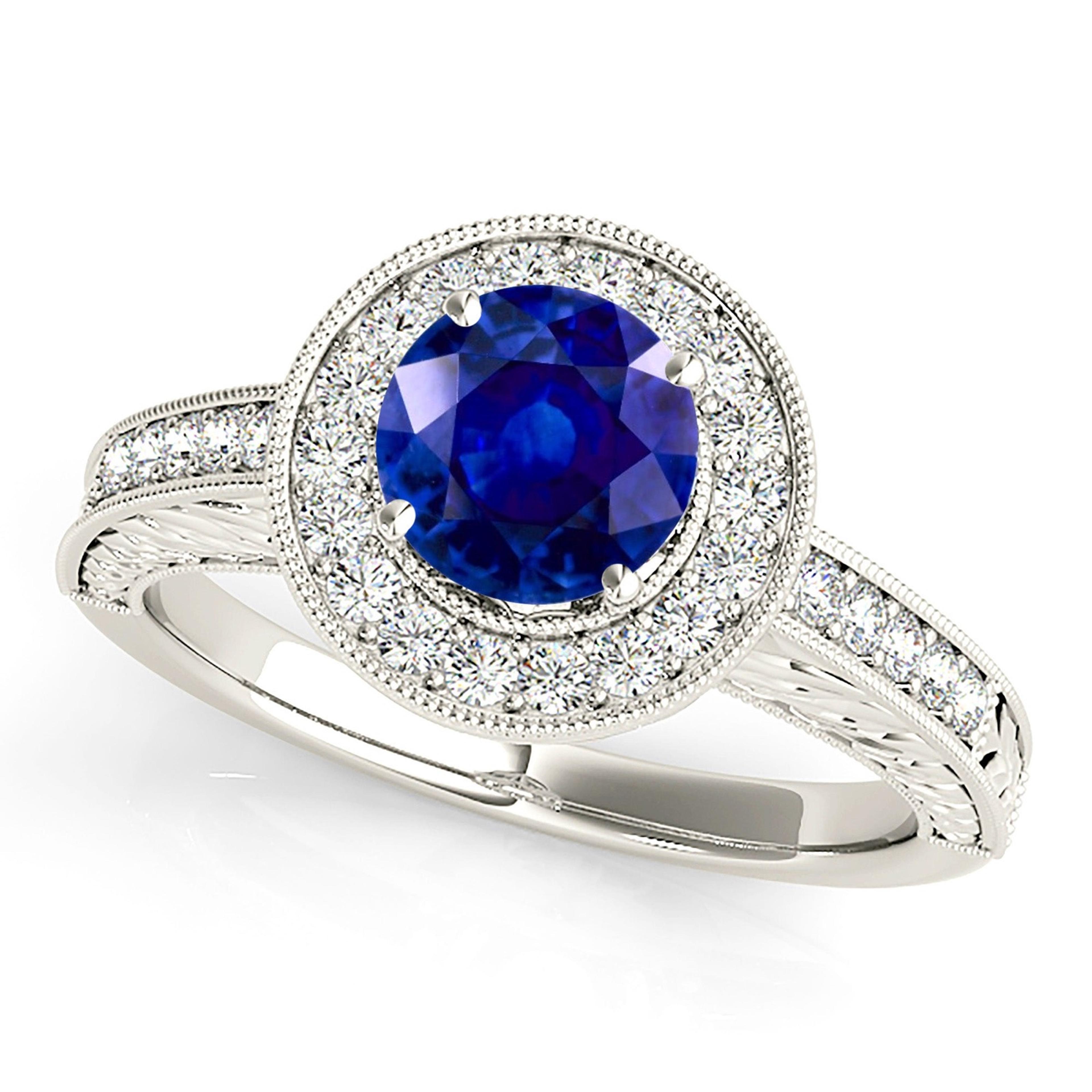 1.46 ct. Genuine Blue Sapphire Milgrain Filigree Halo Ring With 0.30 ctw. Side Diamonds-VIRABYANI