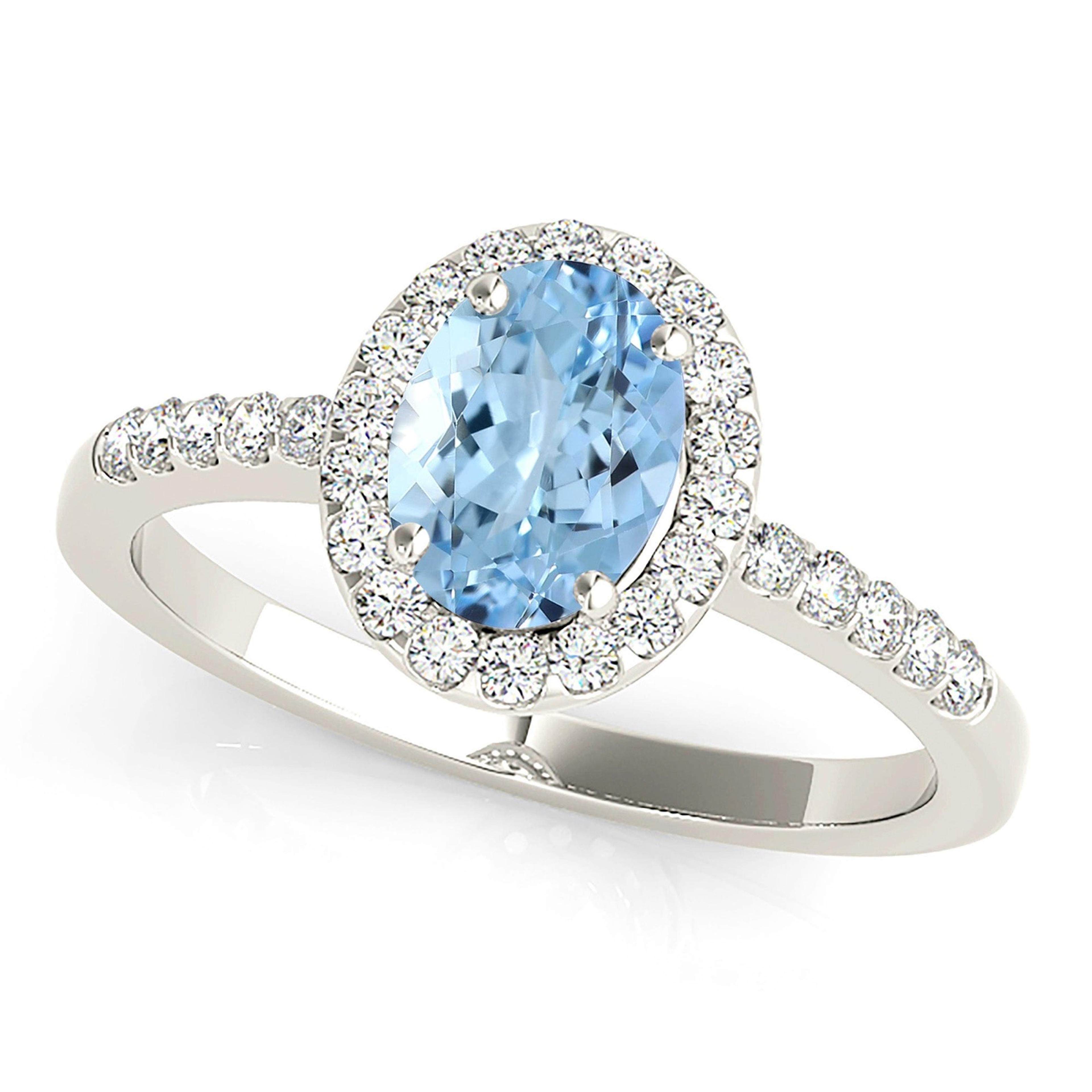 1.27 ct. Genuine Oval Aquamarine Ring With 0.25 ctw. Diamond Halo and Dainty Diamond Band | Oval Blue Aquamarine Halo Ring-VIRABYANI