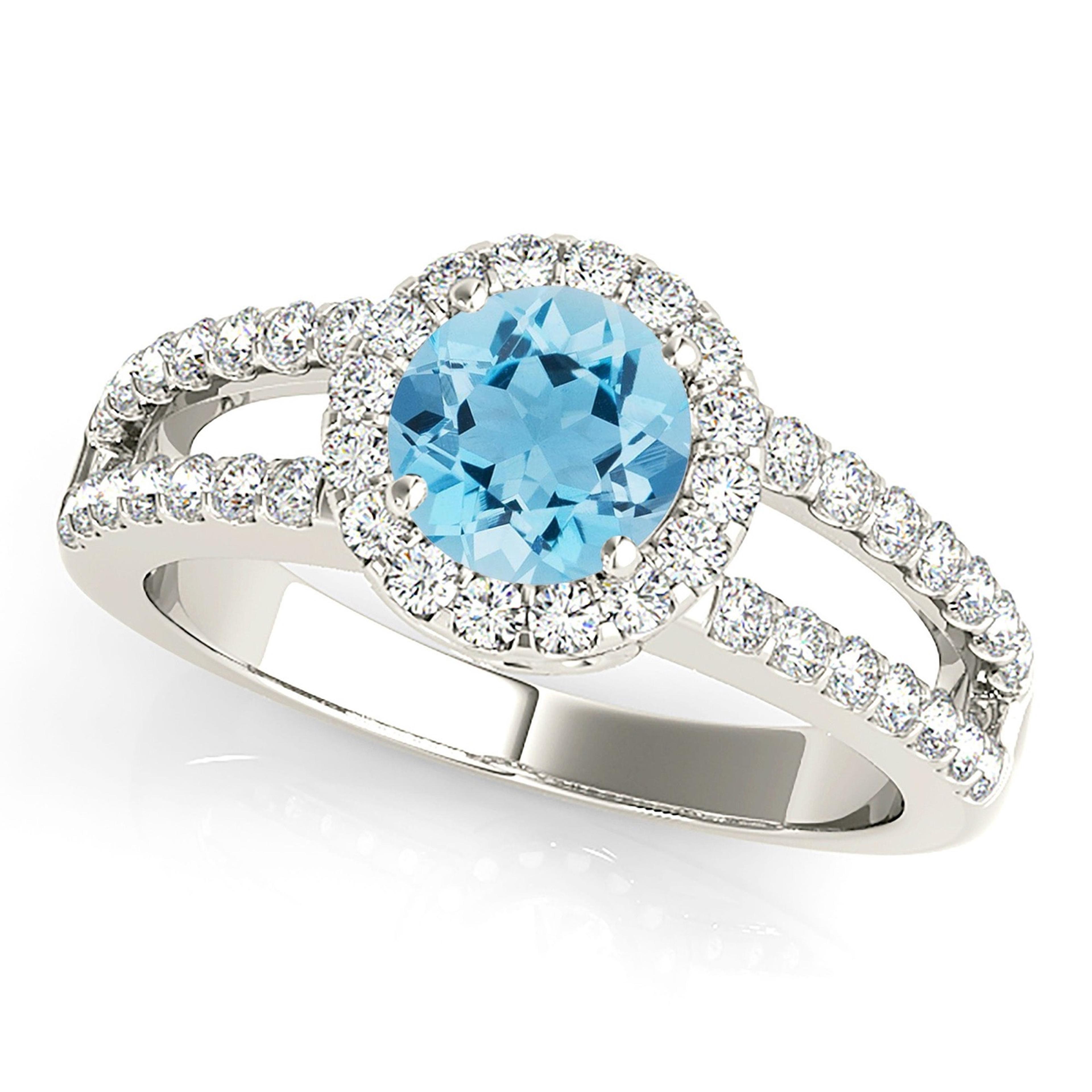 1.63 ct. Genuine Aquamarine Ring With 0.50 ctw. Diamond Wide Open Split Shank | Round Blue Aquamarine Halo Ring-VIRABYANI