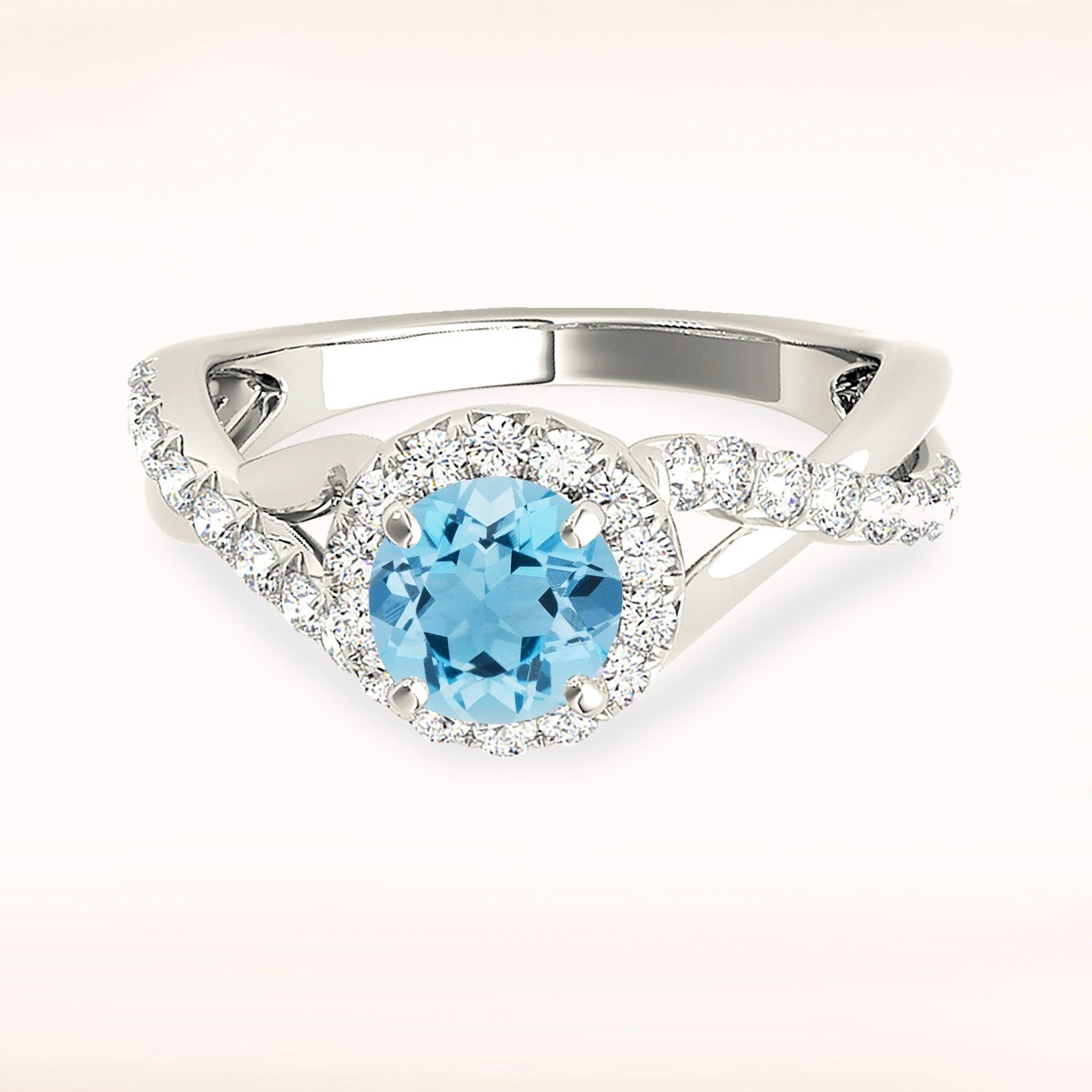 1.00 ct. Genuine Aquamarine Ring With 0.35 ctw. Diamond Halo, Solid Gold And Diamond Twist Band | Round Blue Aquamarine Halo Ring-VIRABYANI